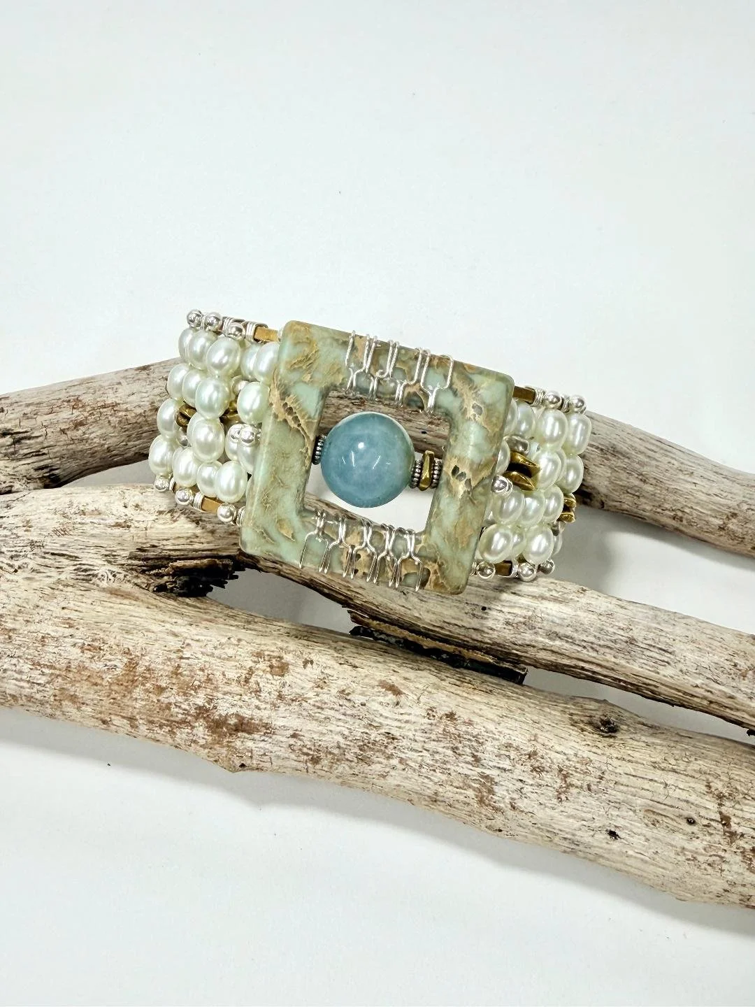 variscite and aquamarine cuff w rice pearls.jpg