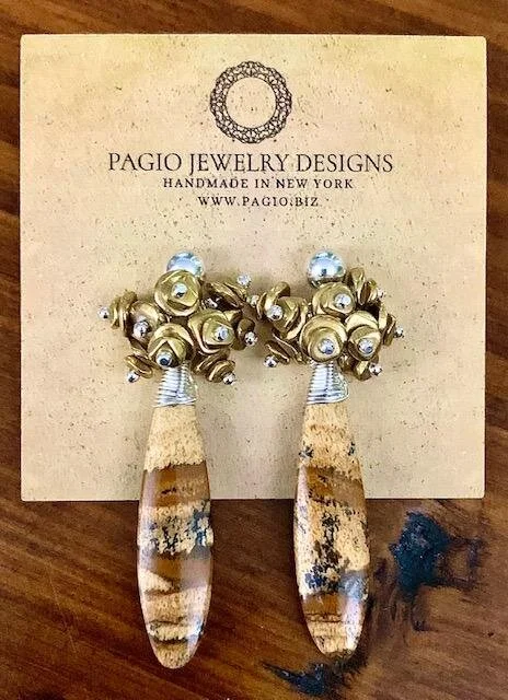 Custom picture jasper sandstone earrings.  Natural and matched stones, adorned with brass and sterling silver beads and wire.  5mm sterling silver ball posts used.