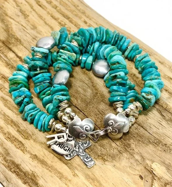 Triple strand Sonoran turquoise bracelet.  Ornate clasp, and personalized for my client with a sterling silver Cross, the letter "R", and a "laugh" charm.