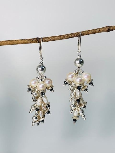 Lori's earrings- Her Mothers pearls, freshwater rice pearls, hematite, sterling silver beads and chain. Sterling silver lever back earring findings.