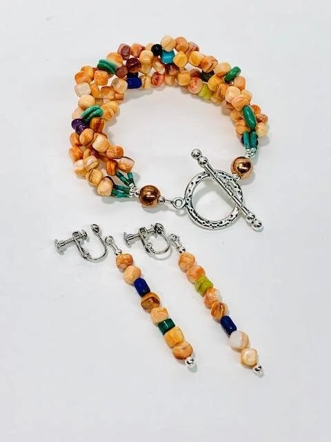 My client also requested a 4 strand bracelet be made with a toggle closure.  As she does not have pierced ears, she requested ear clip findings with 2.5 inch drops.