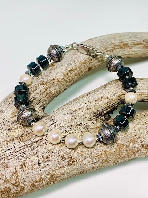 Elisa's bracelet- to complement Lori's earrings. Lori's Mother's pearls, hematite, Native American sterling silver pearls, sterling silver beads.