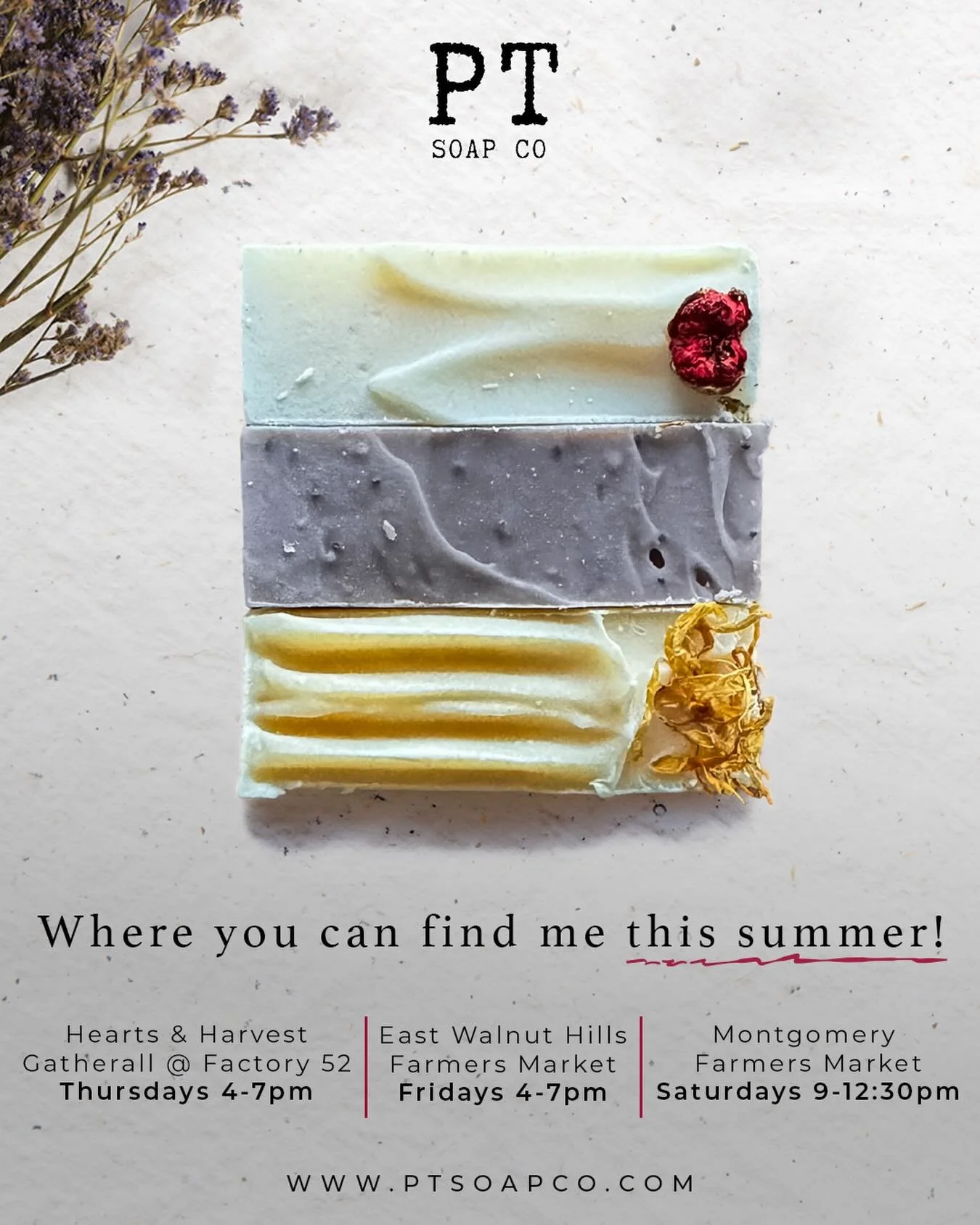 Looking forward to the market season!  Stay tuned for specific dates at each location🧼🫧🕯️

@ewhfarmersmarket @montfarmersmkt @the_gatherall @factory52norwood 

#handmadesoaps #womanownedsmallbusiness #shoplocalcincinnati supportfarmersmarkets