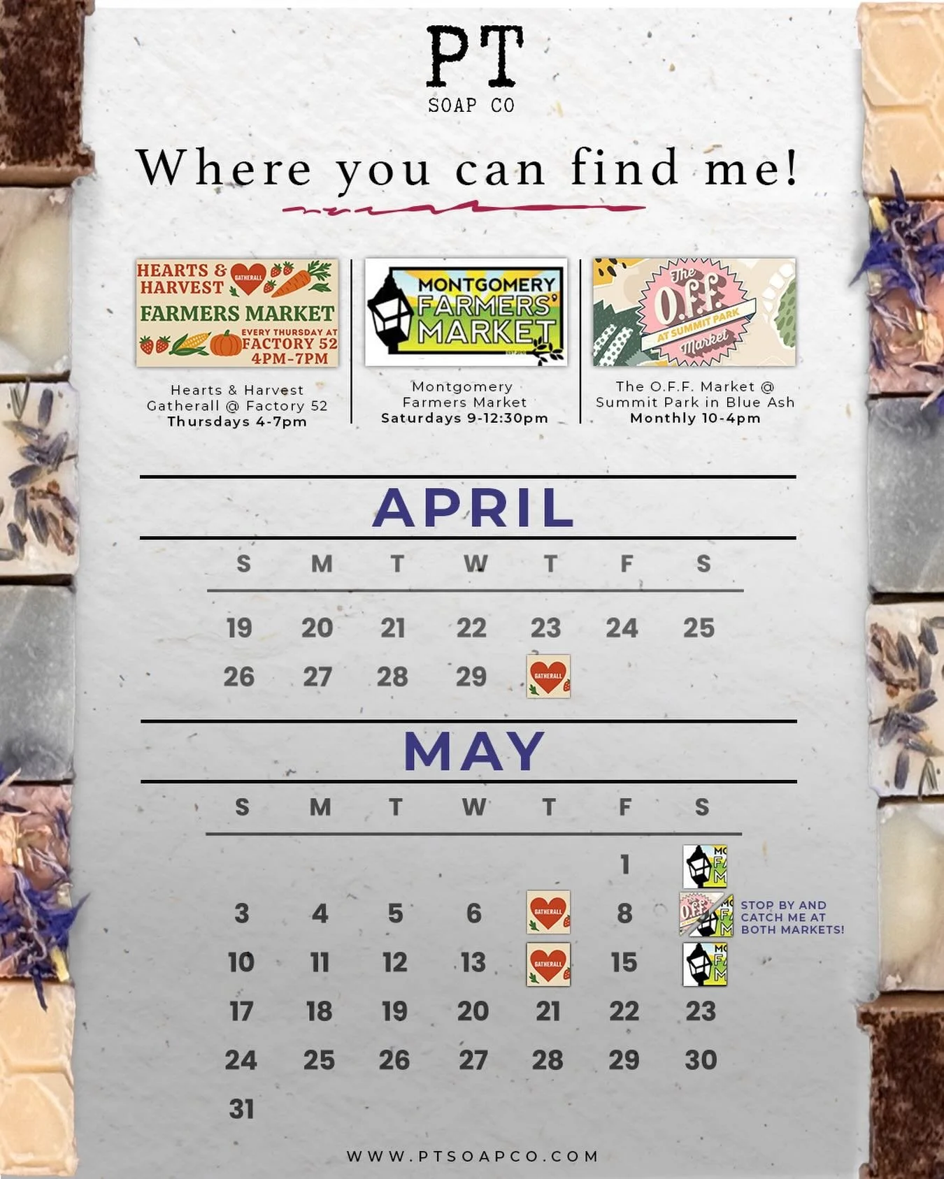 Leaving this here so you can plan 📆

@the_gatherall @factory52norwood @montfarmersmkt @theoffmarket 

#shoplocalcincinnati #supporthandmade #midwestisbest #farmersmarket
