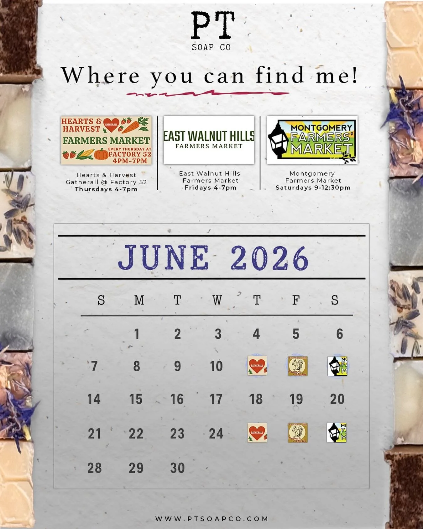 Happy June!  Leaving this here so you can find me- I&rsquo;ll be off in July, the heat is just too much for the soaps, candles, butters and scrubs. I&rsquo;ll have plenty of &ldquo;manly&rdquo; soaps this month for Father&rsquo;s Day, and I&rsquo;ll 