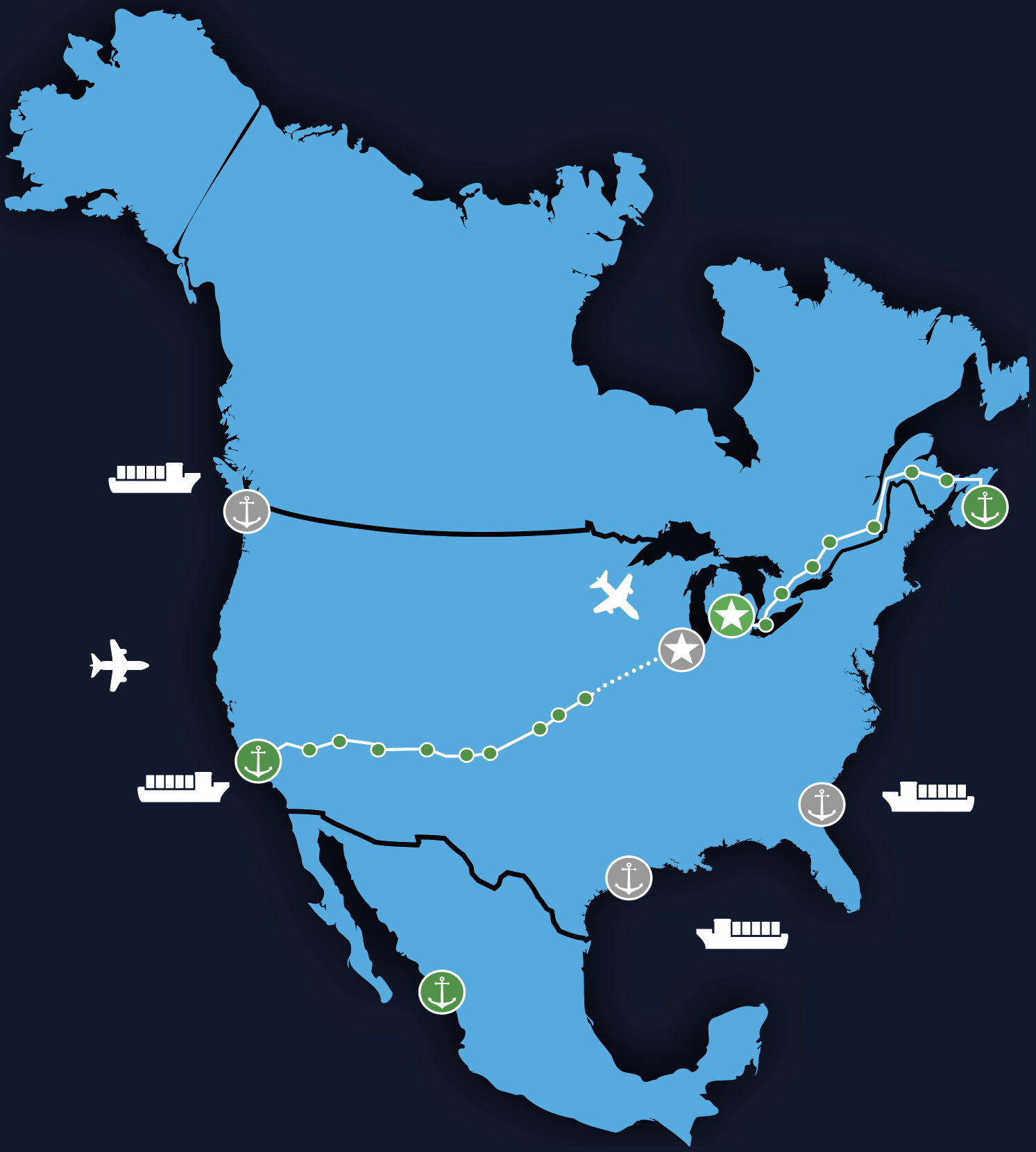 Map displaying a digital shipment tracking platform with real-time transportation visibility, live shipment milestones, document management, simple dashboards, and team-wide access for global logistics.