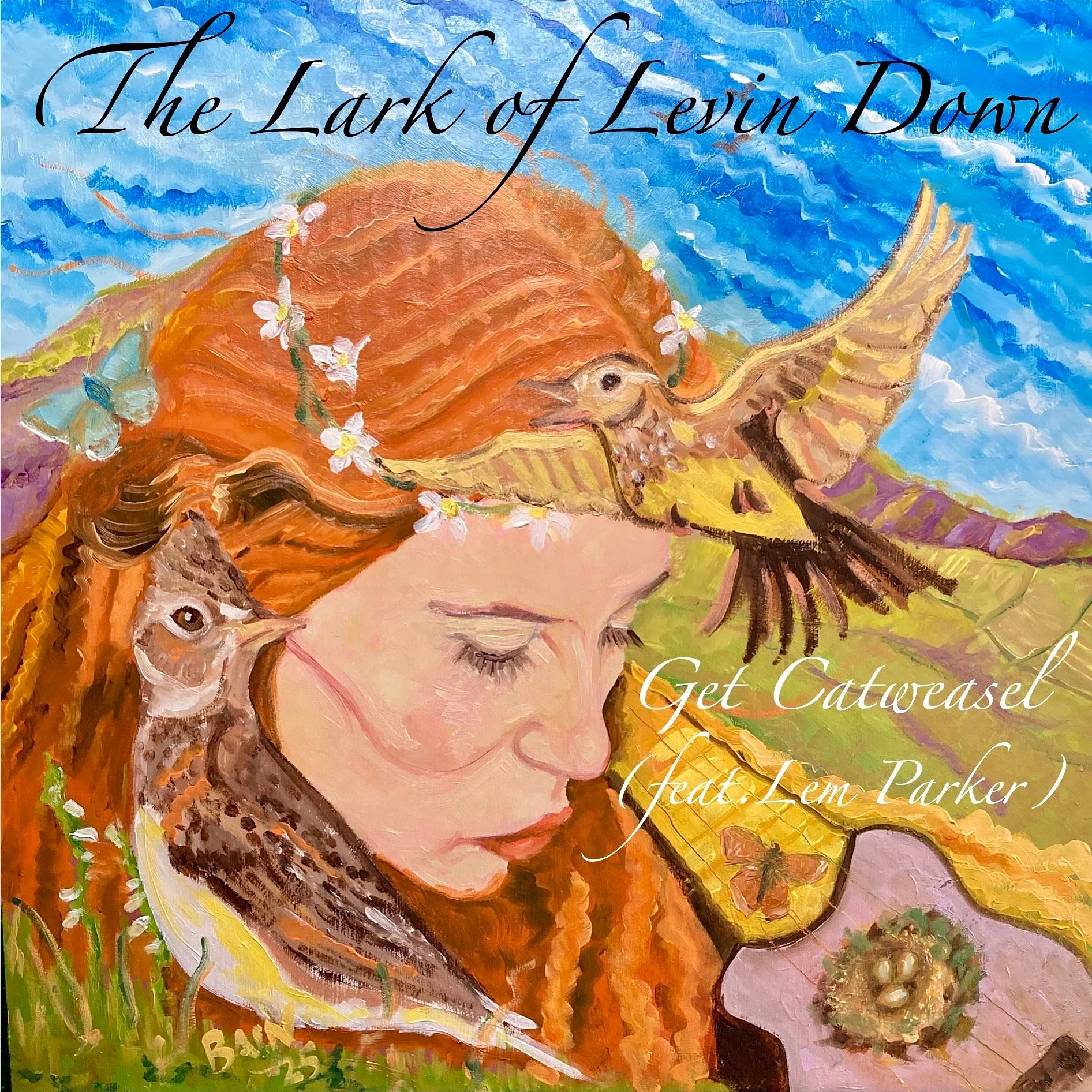 Album cover artwork titled 'The Lark of Levin Down' featuring a painted portrait of a young girl with closed eyes and red hair, surrounded by birds, butterflies, and flowers in a vibrant landscape. The text mentions a song 'Get Catweasel' featuring Lem Parker.