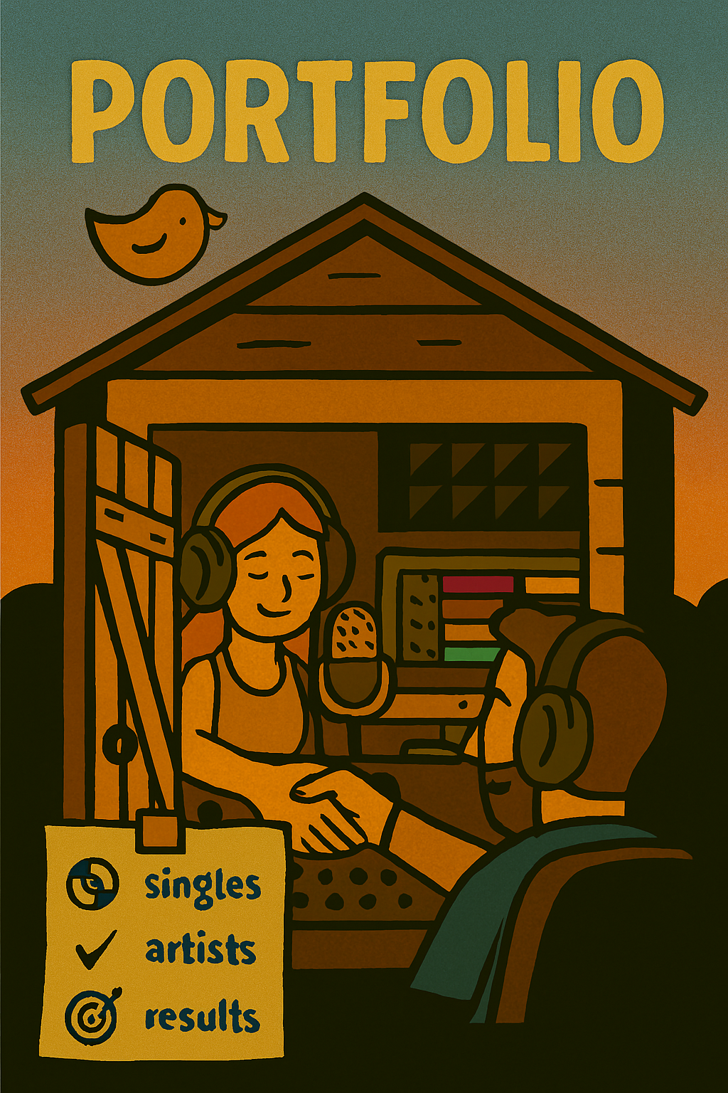 Podcast recording setup with two people wearing headphones, shaking hands inside a wooden studio, with a sign that reads "singles, artists, results" and a bird illustration at the top. The background has a gradient sky with the word "PORTFOLIO" at the top.