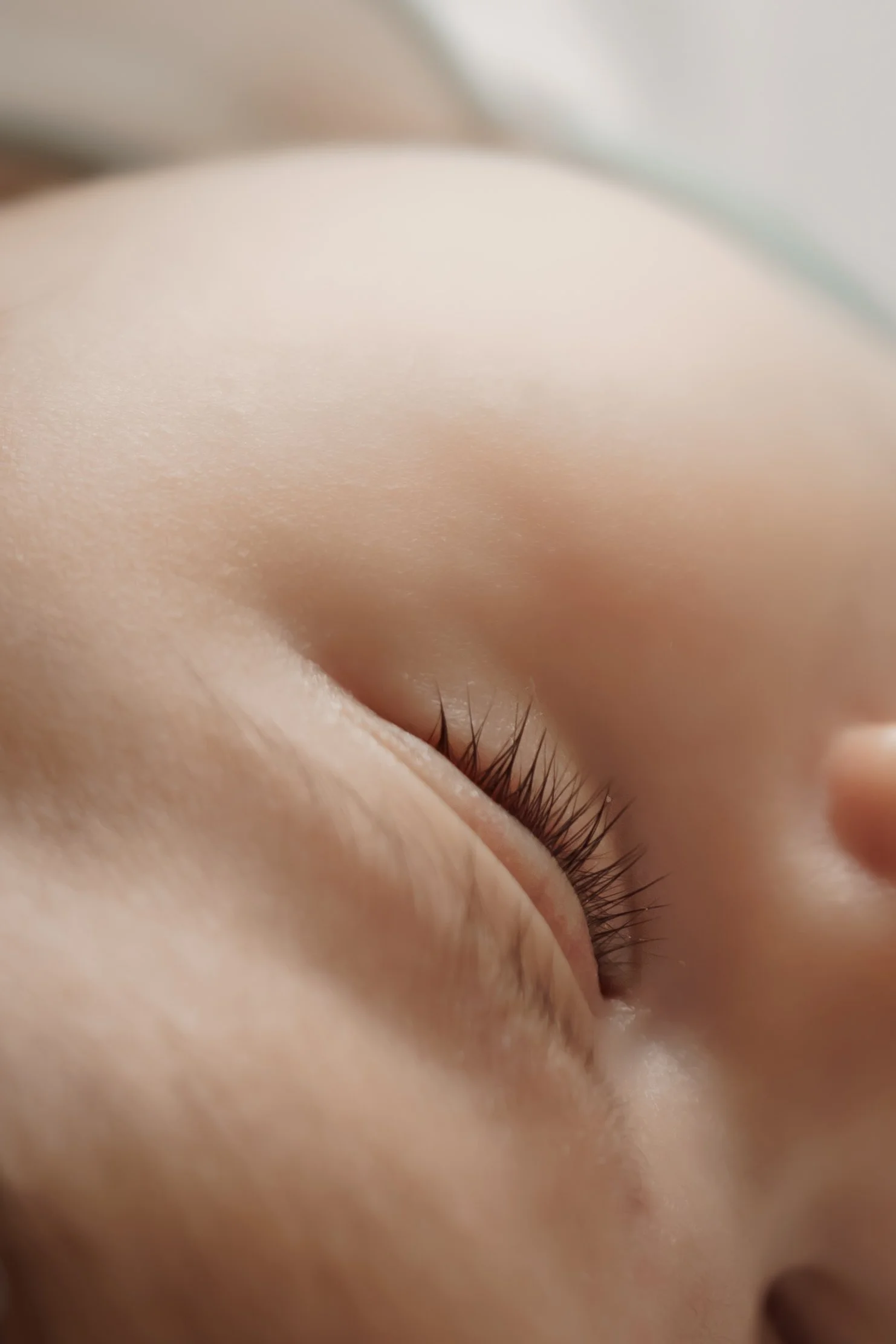 Close-up of a sleeping baby's closed eye and eyelashes.
