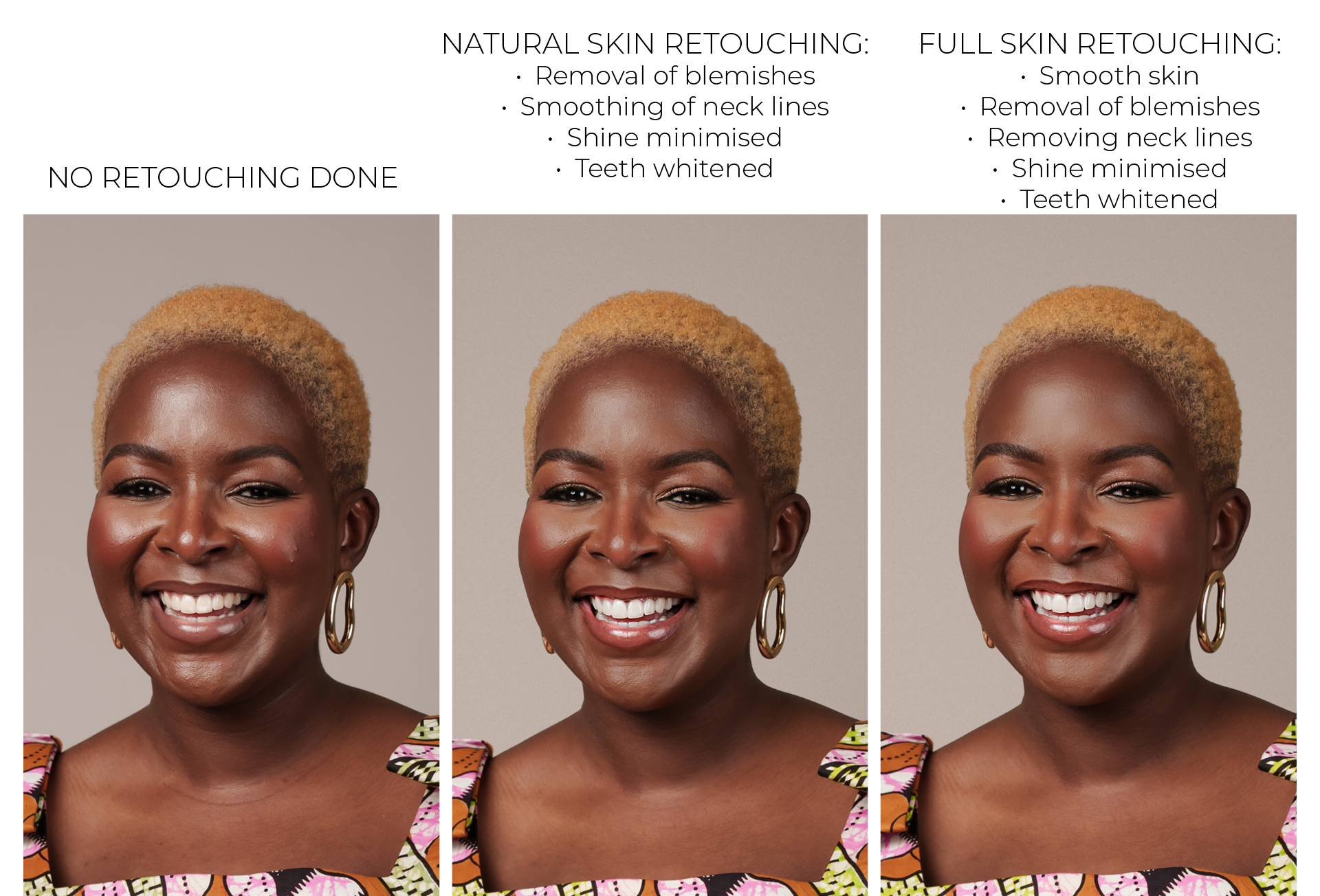 Comparison of three photos of a smiling woman with short blonde hair, gold hoop earrings, and colorful patterned clothing. The first photo shows no retouching, the second shows natural skin retouching with blemish removal, neck line smoothing, minimized shine, and whitening of teeth, and the third shows full skin retouching with a smooth complexion, blemish removal, neck line smoothing, minimized shine, and whitened teeth.