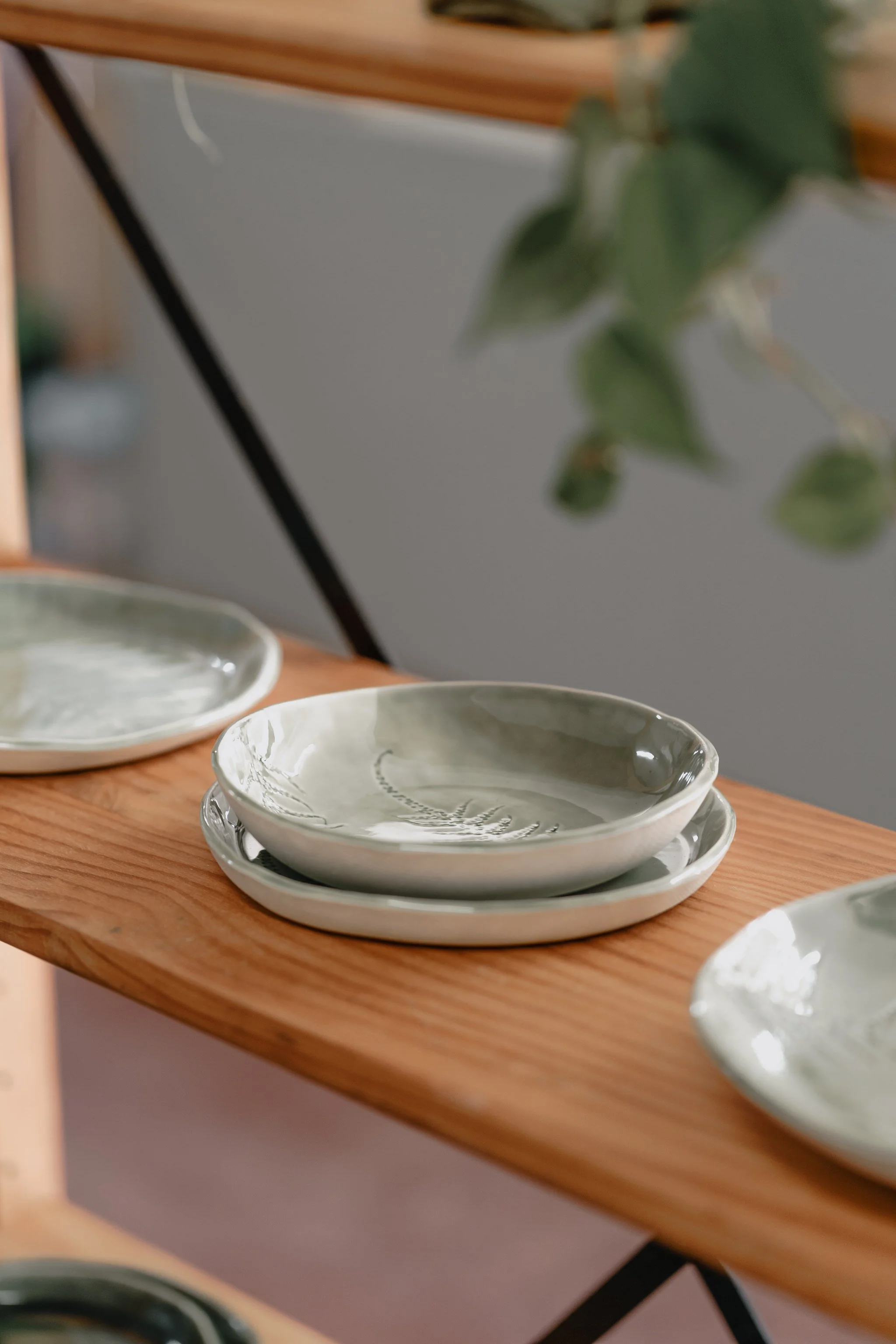 Stacked ceramic dishes on a wooden shelf with a blurred plant in the foreground.