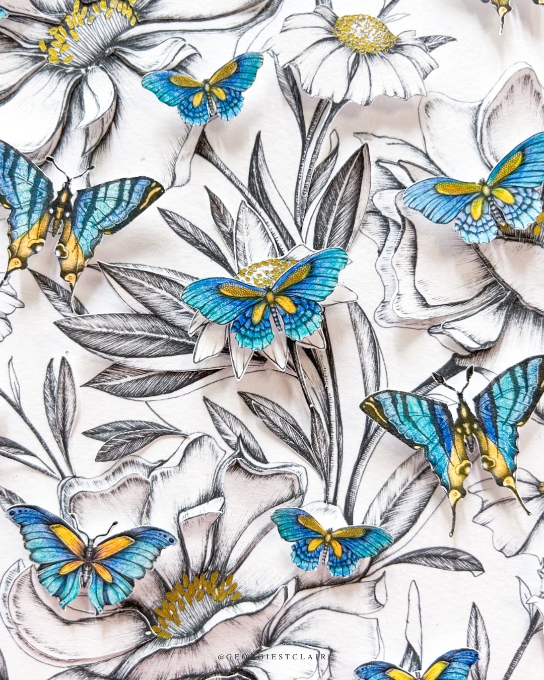 Mixed media artwork featuring black and white flowers and vibrant hand-drawn butterflies, symbolising anxiety transformed into beauty.