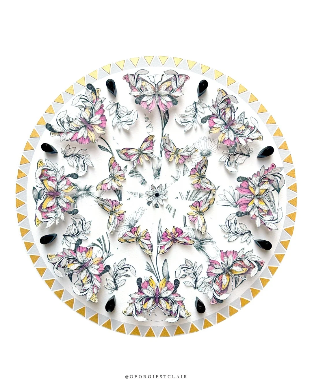 A pink butterfly mandala made from original pen and ink drawings, papercut and quilled paper