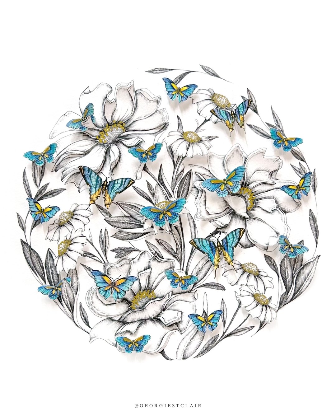 Art print of monochrome flowers with vibrant butterfly cut-outs, expressing the fluttering energy of anxious thoughts.