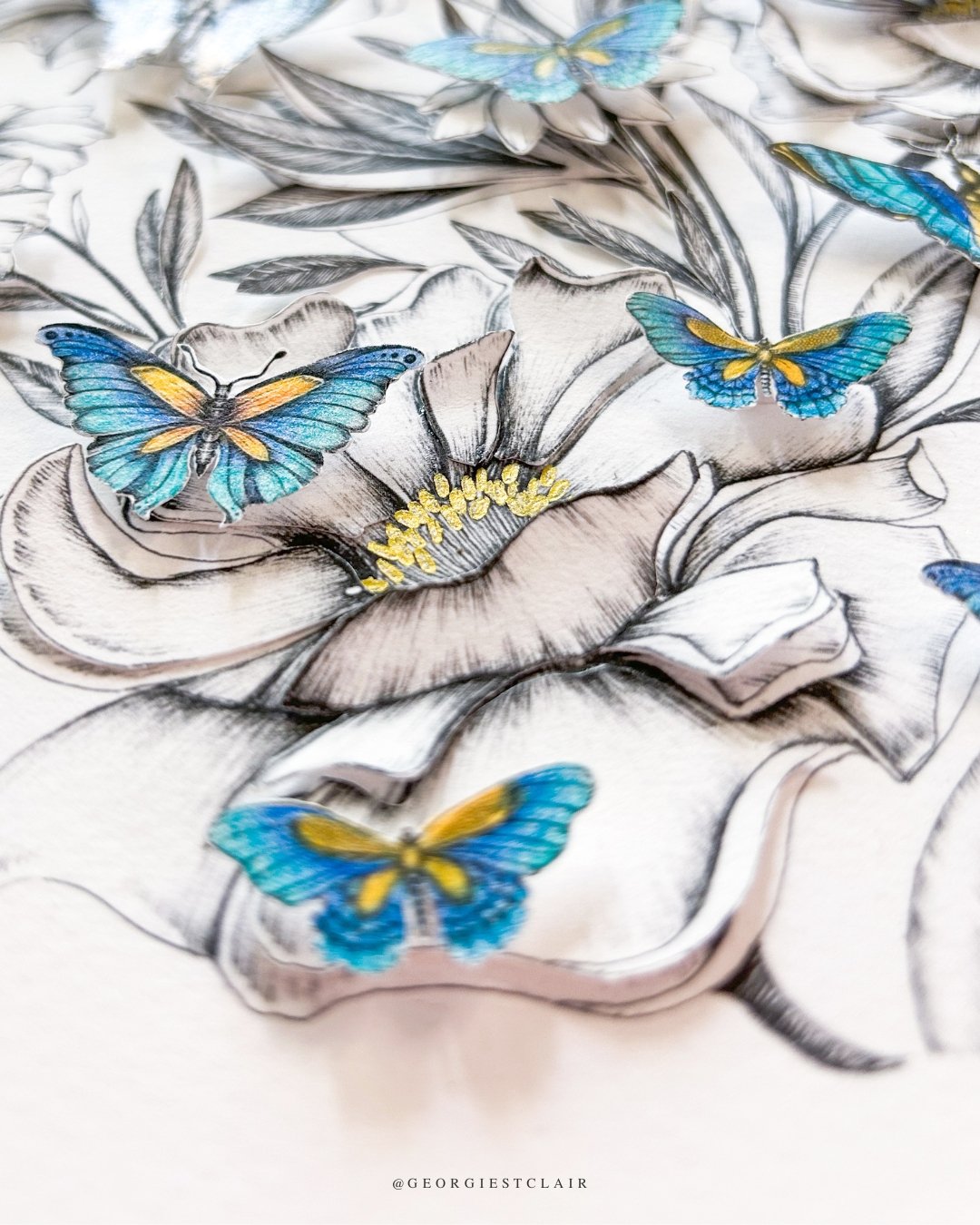 Delicate collage of fineliner florals and coloured butterflies, exploring transformation and emotional release.