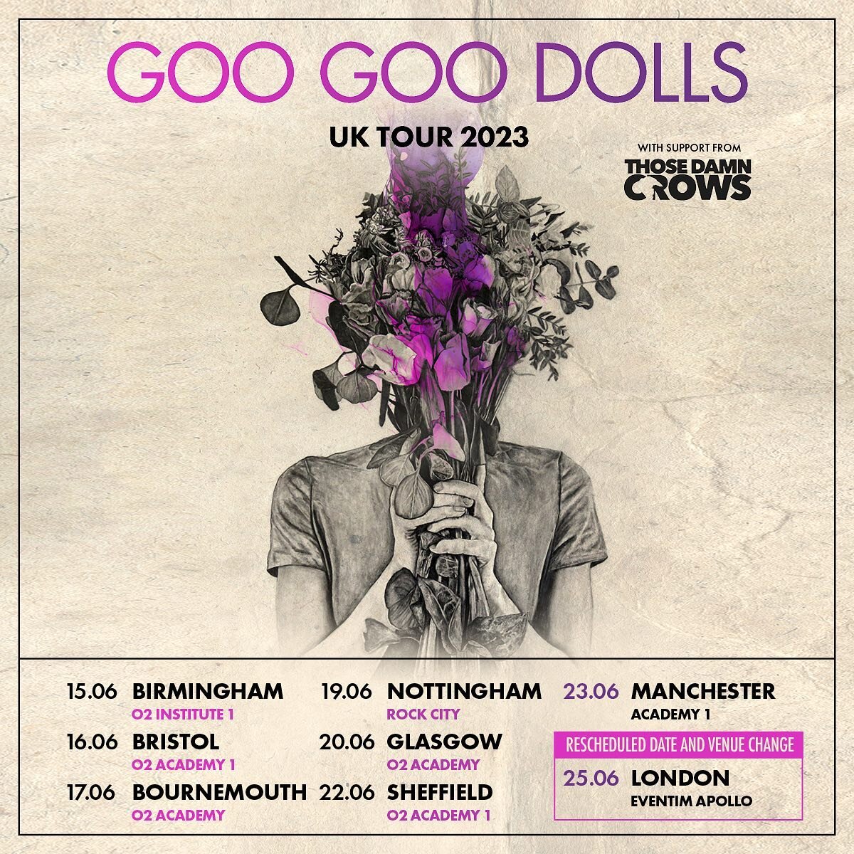 Won&rsquo;t be long now folks until our next U.K. Tour, which will starting in a months time across the country with the legendary @googoodollsofficial !

Please note the change of venue and date for the London show to the iconic Hammersmith Apollo, 