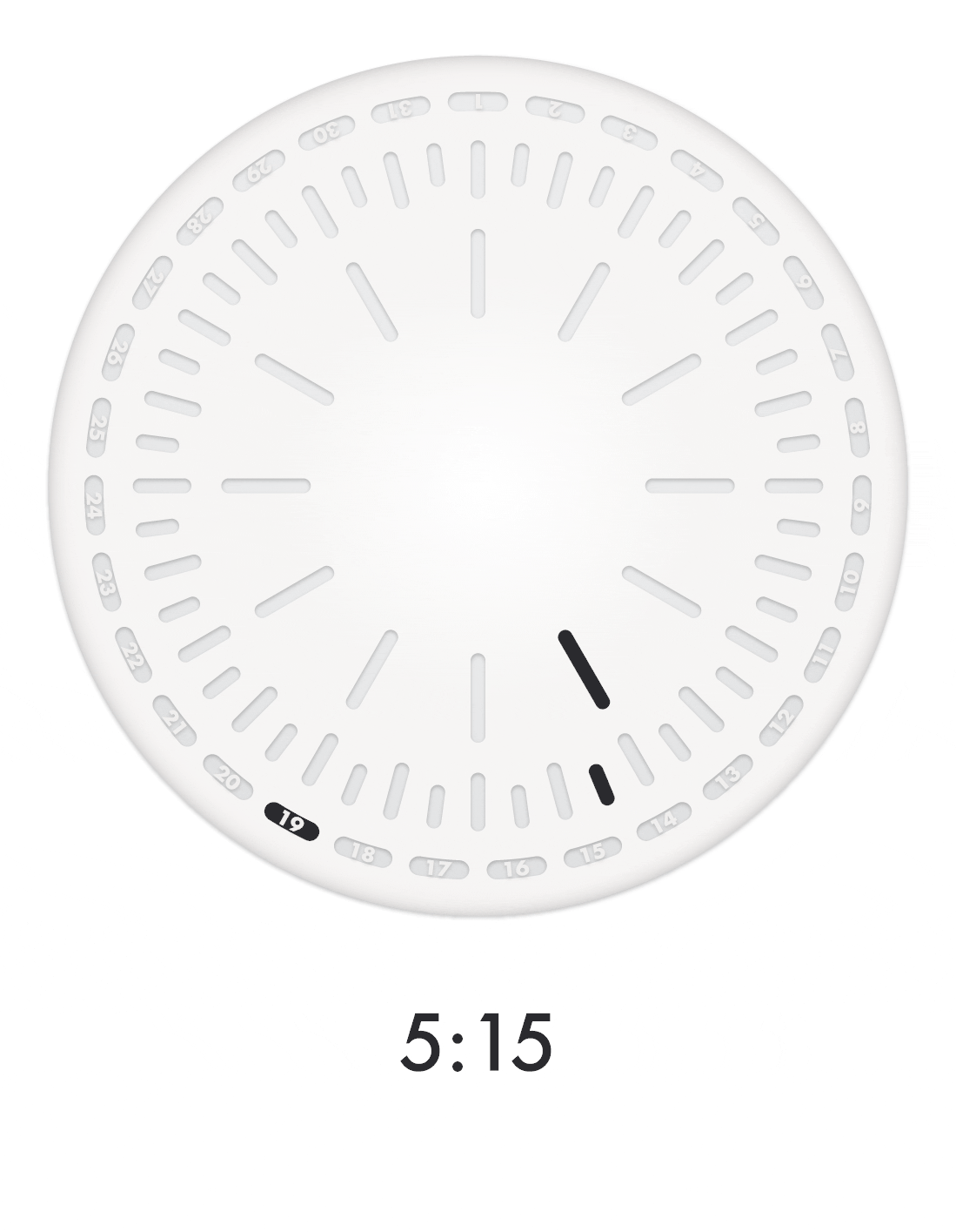 Front view of RVNDSGN M1 dial showing time moving from 5:15 to 6:00.