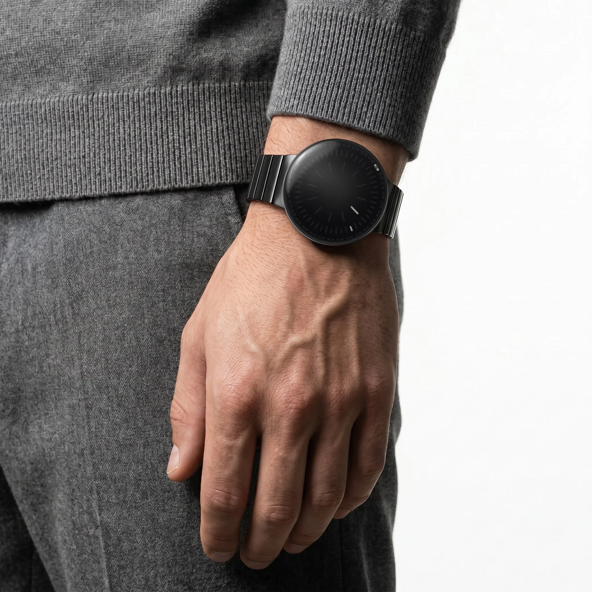 RVNDSGN watch with black dial and black steel bracelet on a mans wrist.
