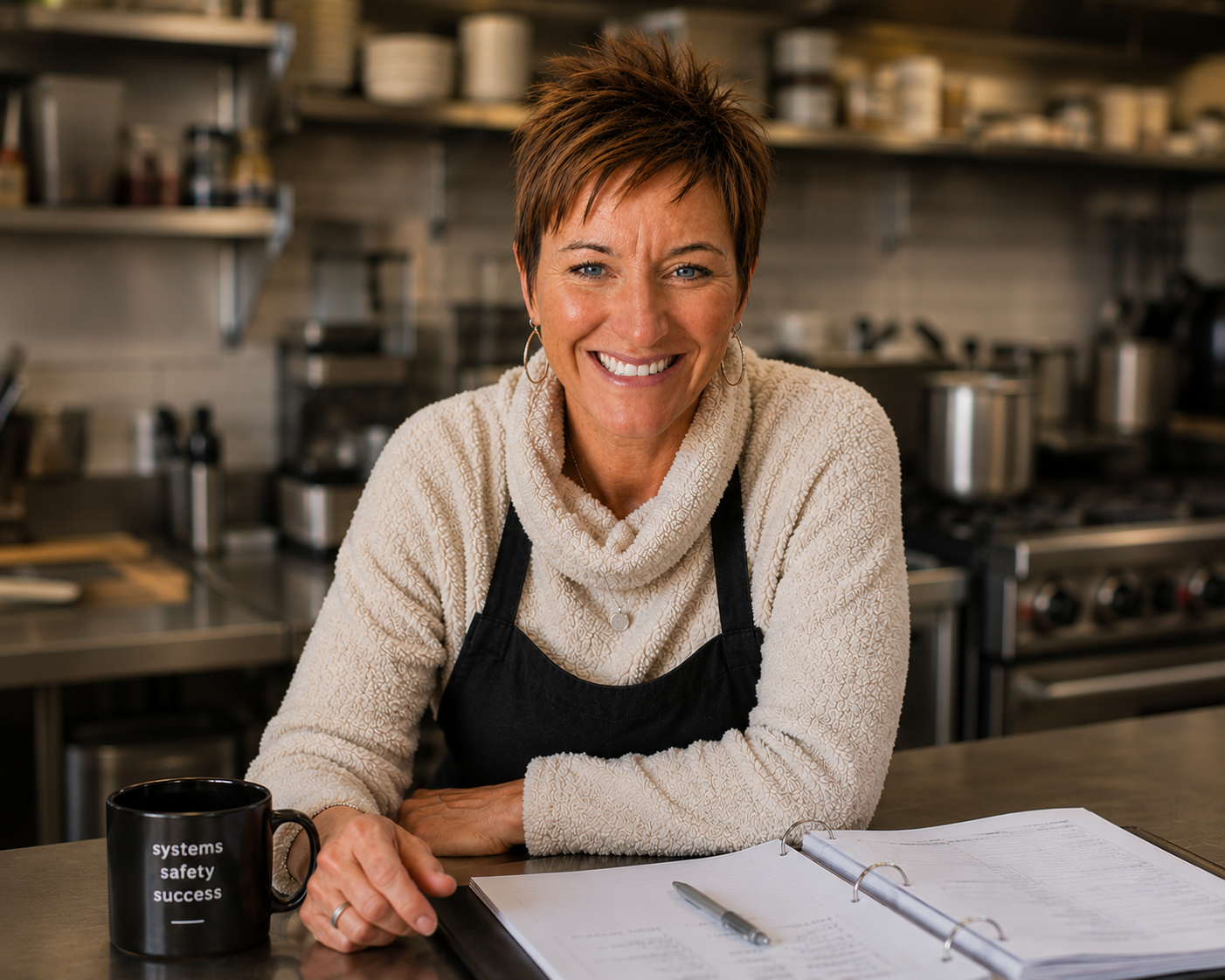 Laura Finley in a kitchen, seated at a counter with a mug and study materials.