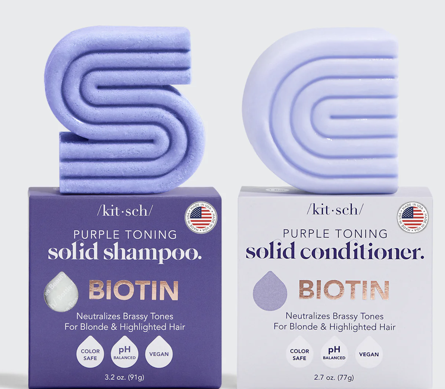 dark purple and light purple shampoo and conditioner bars