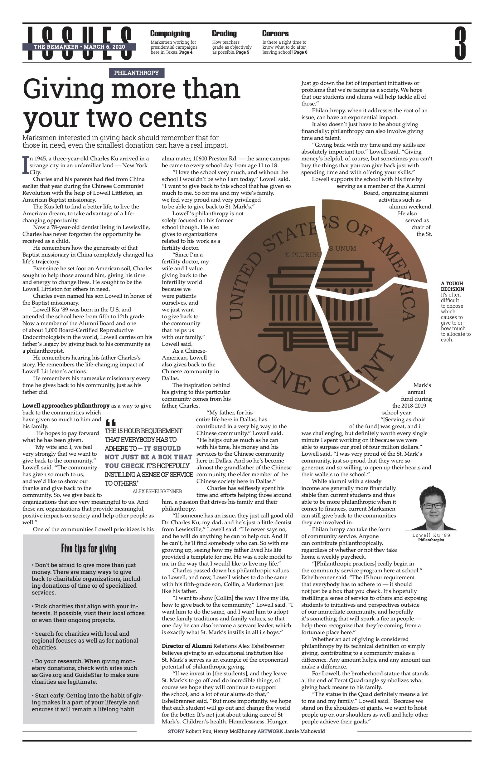 This was the lead story in our Issues section for March. It was a look a philanthropy’s importance — not just to the school, but in all parts of life. I wanted a strong graphic to attract the reader.