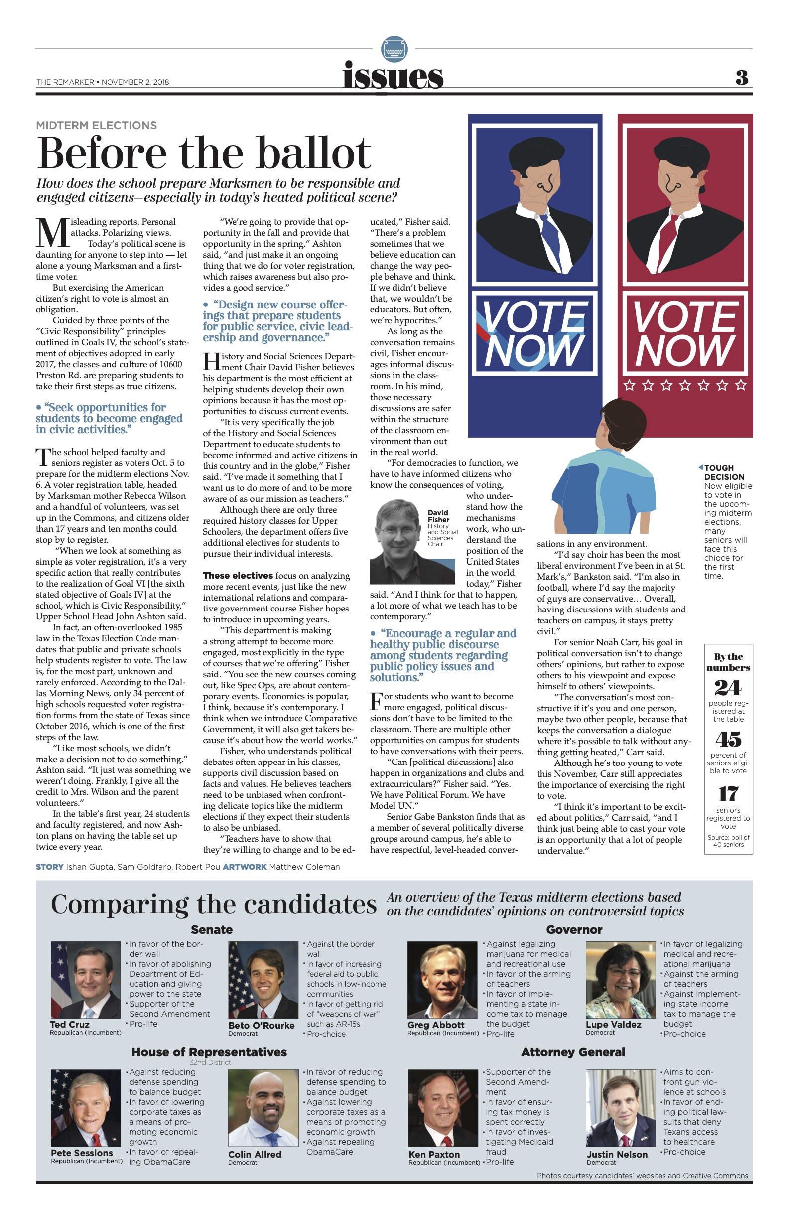 We knew we had to be careful to be fair and balanced in this piece on mid-term elections, so I chose artwork as the main visual element. I felt it would be helpful to highlight key stances of the candidates.