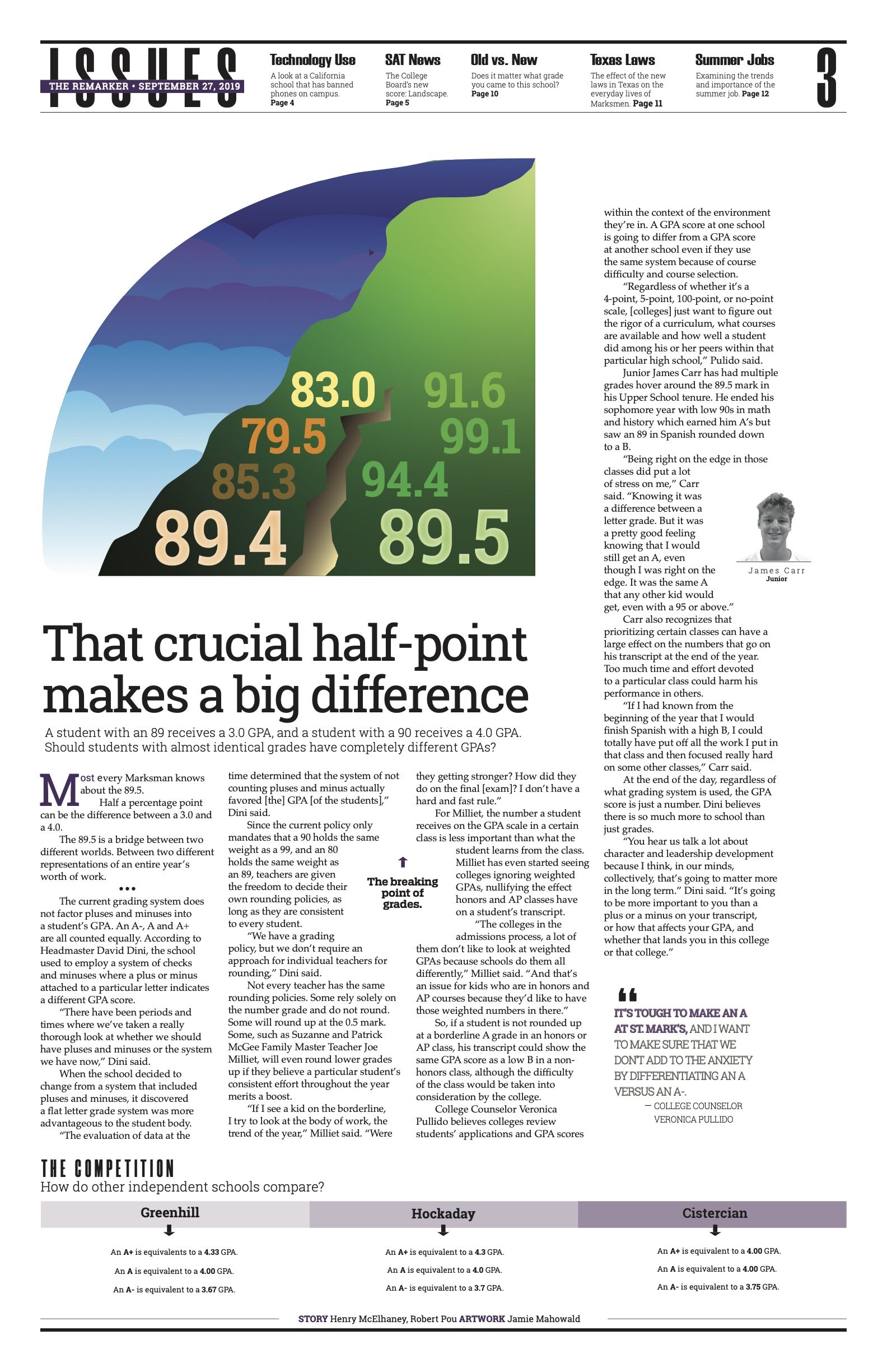This was a very important explanatory story that we included as our main story in the section. I chose to use artwork to illustrate the wide divide in the two final recorded grades.