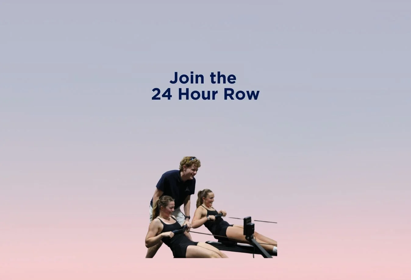 Two females using ergonomic row machines in the 24 Hour Row with a male friend supporting them on.