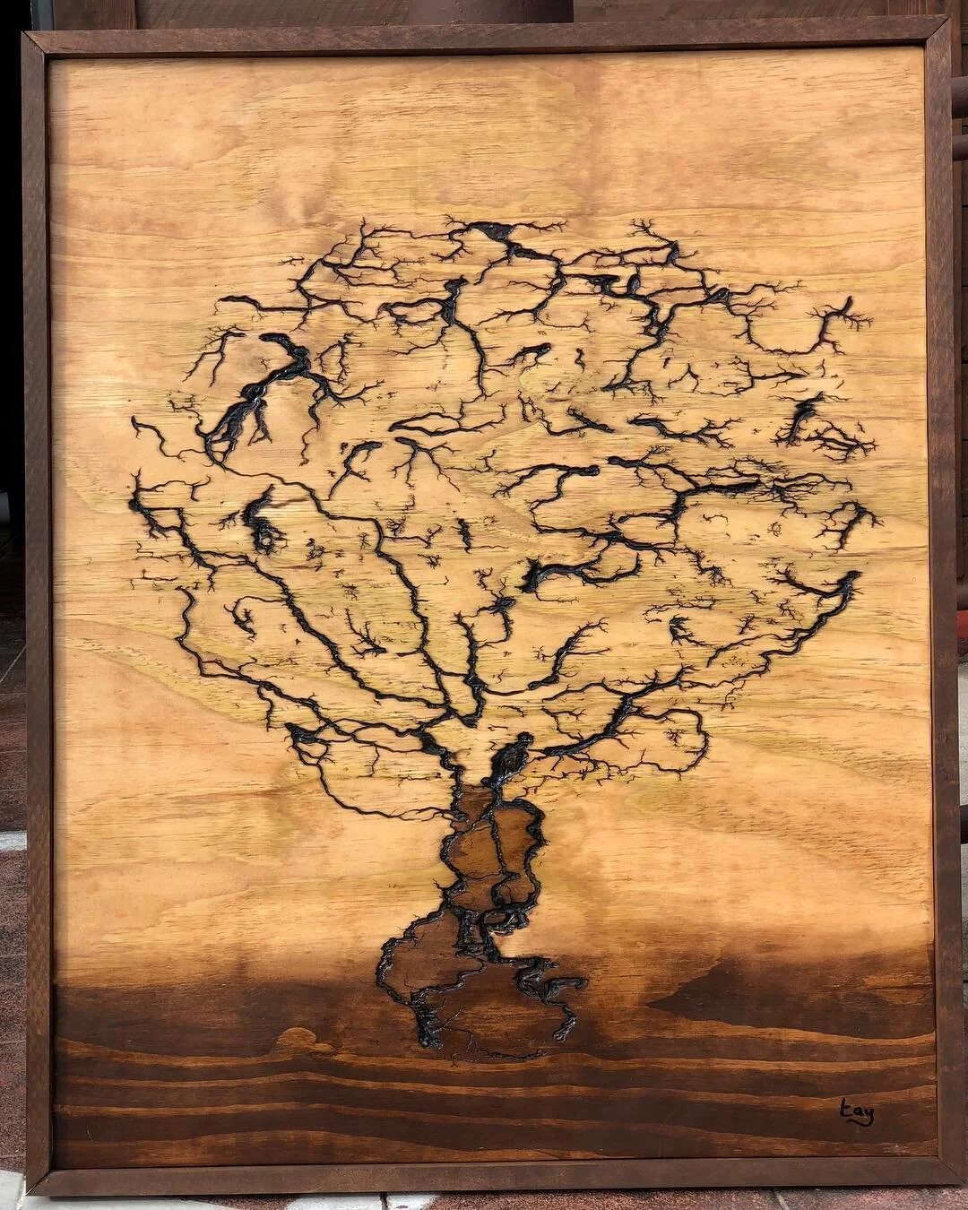 New commissioned piece. 
Tree of Life 
30&rdquo;x36&rdquo;
Lichtenberg figures and stain on wood.