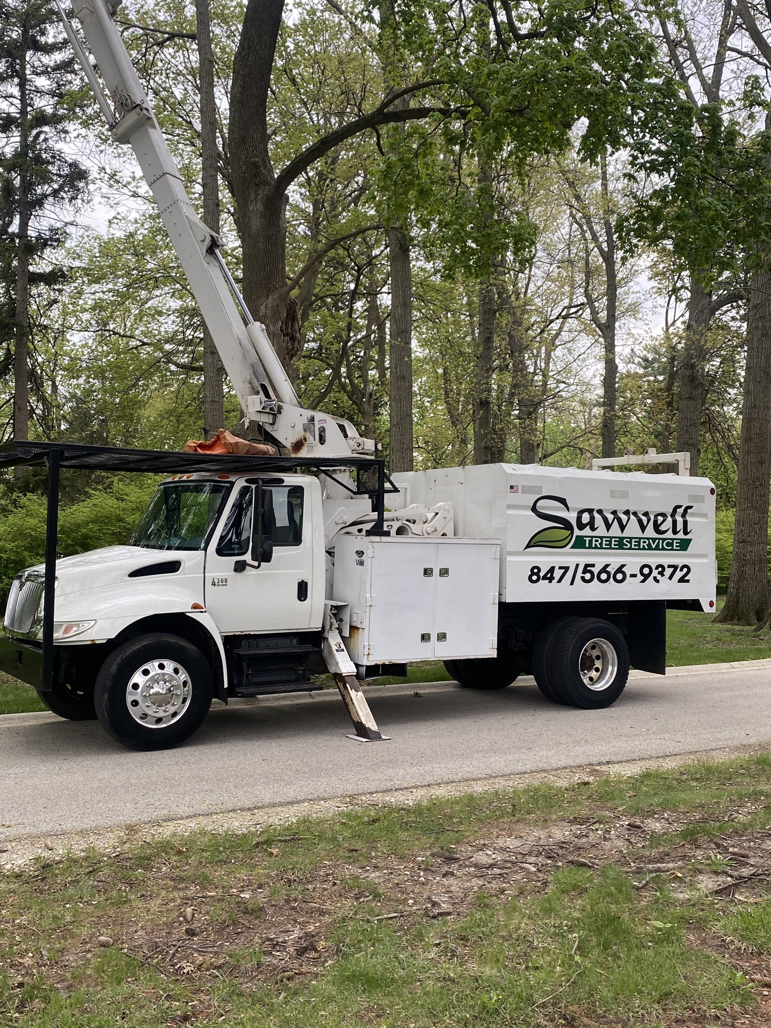 Tree service bucket truck parked on the streets of Wilmette with a hydraulic lift extended to trim trees, with trees and greenery in the background. Trimming and pruning service.