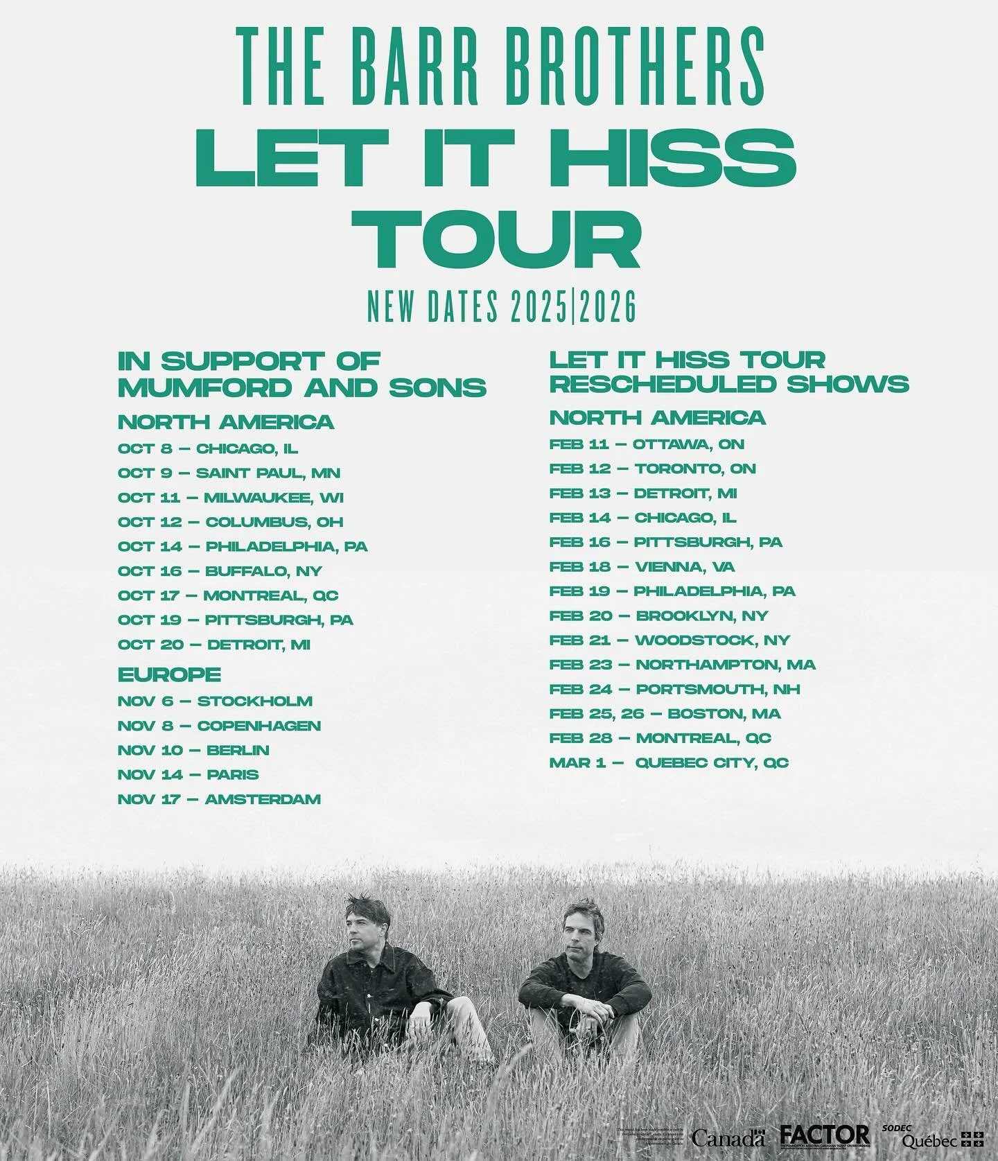 @thebarrbrothers are hitting the road this fall with @mumfordandsons. @stephensanchezofficial will also join the North American shows, and @thevaccines on Europe. Headline dates rescheduled to February. We can&rsquo;t wait! #letithiss #mumfordandsons