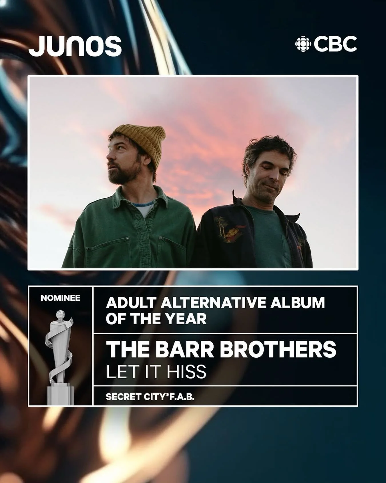 The Barr Brothers nominated for Adult Alternative Album of the Year at @thejunoawards for their record &lsquo;Let It Hiss&rsquo;. Congrats to everyone involved in making this brilliant body of work. 🇨🇦 @thebarrbrothers
