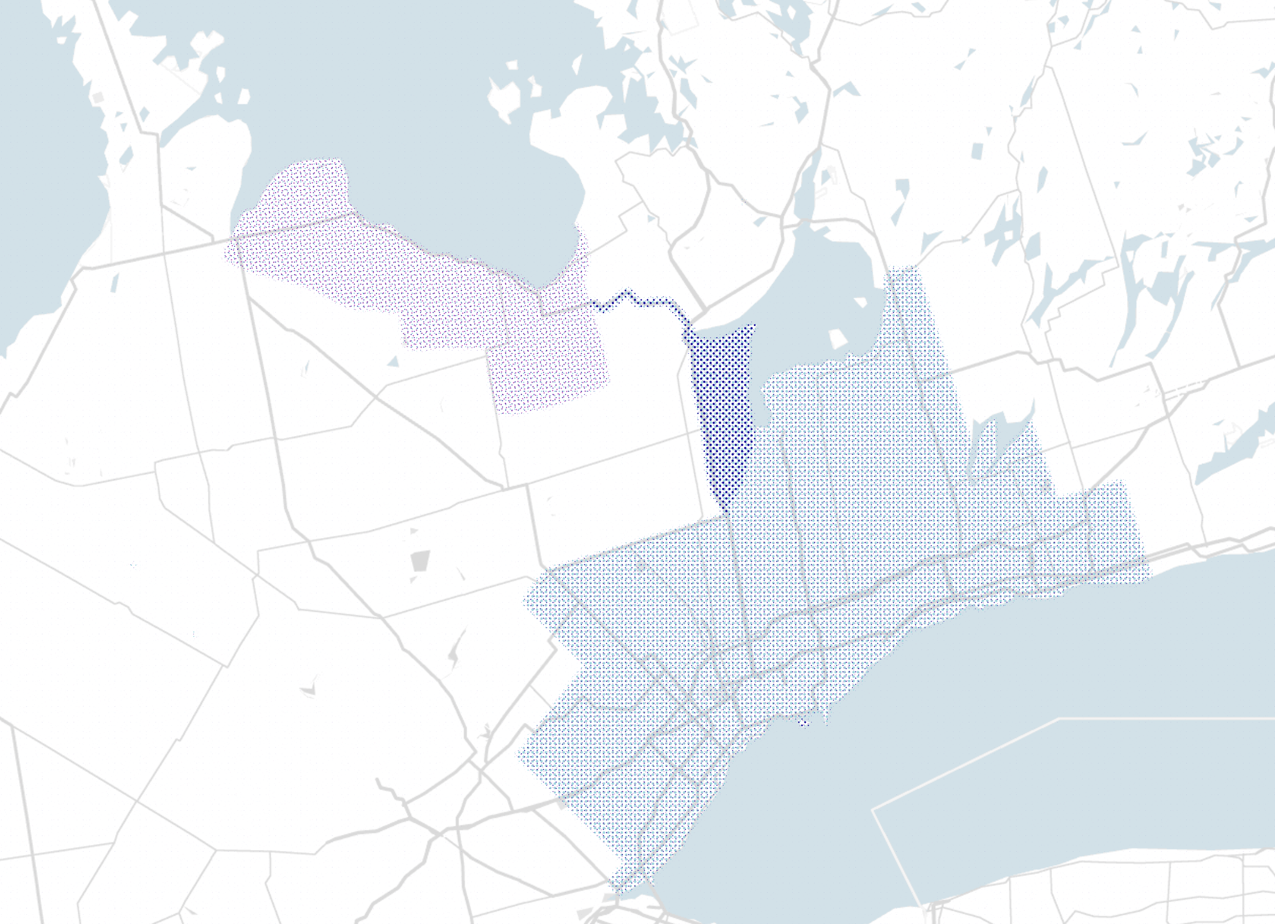 Map showing the service corridor of DHS Systems Inc, which includes the Greater Toronto Area, the Lake Simcoe Corridor, and the estate communities of South Georgian Bay.