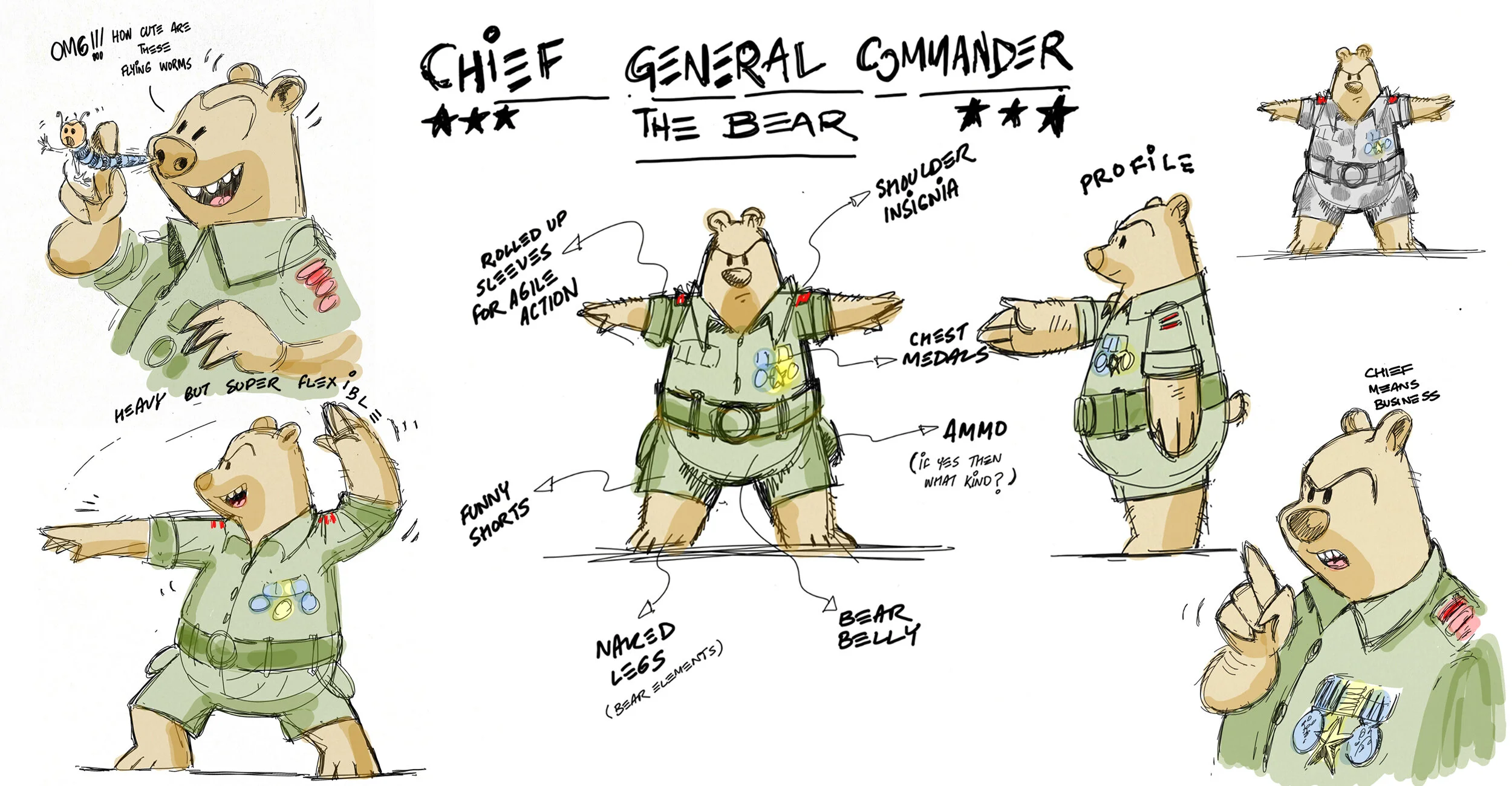 Hyper-active, energetic, very expressive, emotional, loves to talk, tends go off-track in conversations. Dresses up like a general, leader of the pack of 3, looks funny and goofy