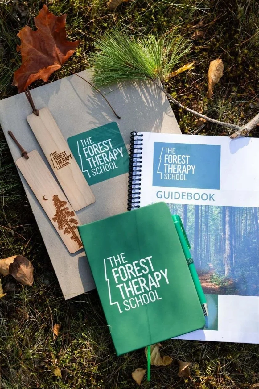 Notebook, guidebook text book for forest therapy, and bookmarks