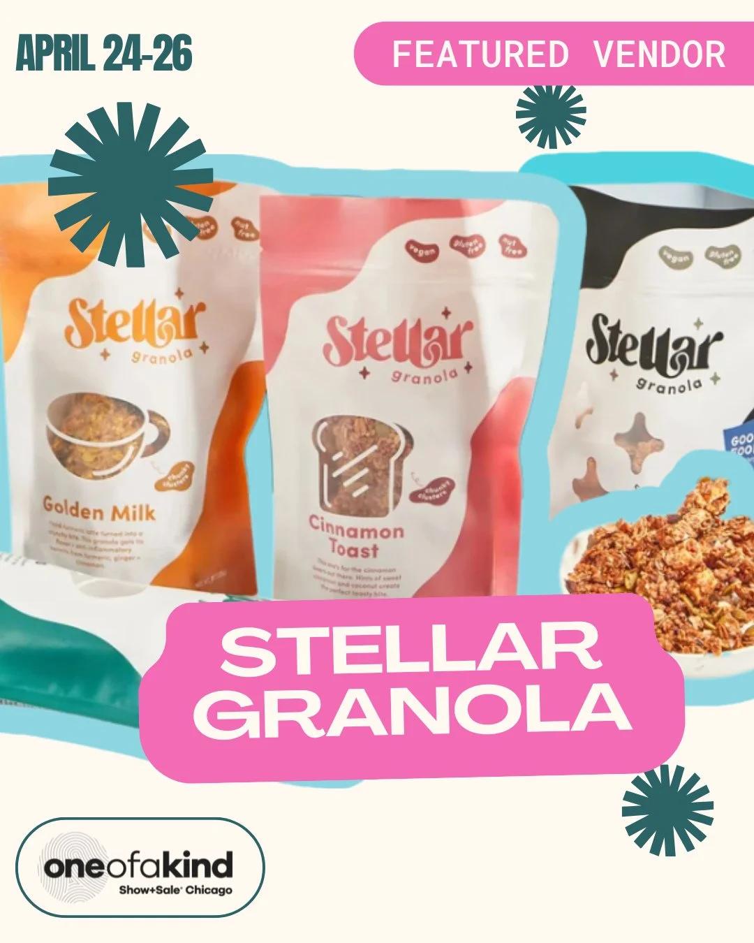 Chicago we will see you at @ooakchicago starting TOMORROW! Stellar Granola will be popping up with @hereheremkt this weekend. You can snag all 4 of our flavors at the show along with other amazing creators ✨⁠
⁠
⁠
#granola #oneofakind #chicago #spring