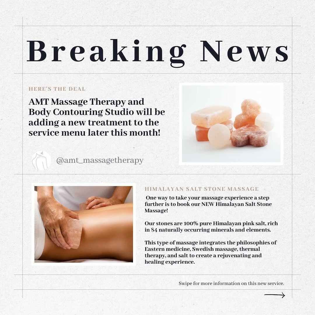 B R E A K I N G  N E W S !
&bull;
&bull;
Later this month, AMT Massage Therapy and Body Contouring Studio will be adding Himalayan Salt Stone Massage to our service menu!

Himalayan Salt Stone Massage is perfect for anybody who suffers from mental st