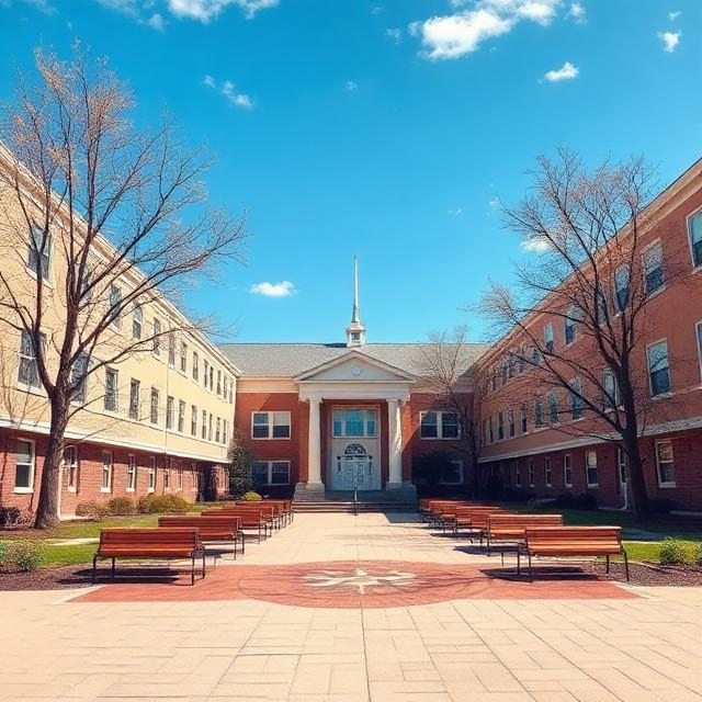 A historic brick building with a central white entrance, surrounded by leafless trees, benches, and a paved courtyard, under a partly cloudy blue sky.