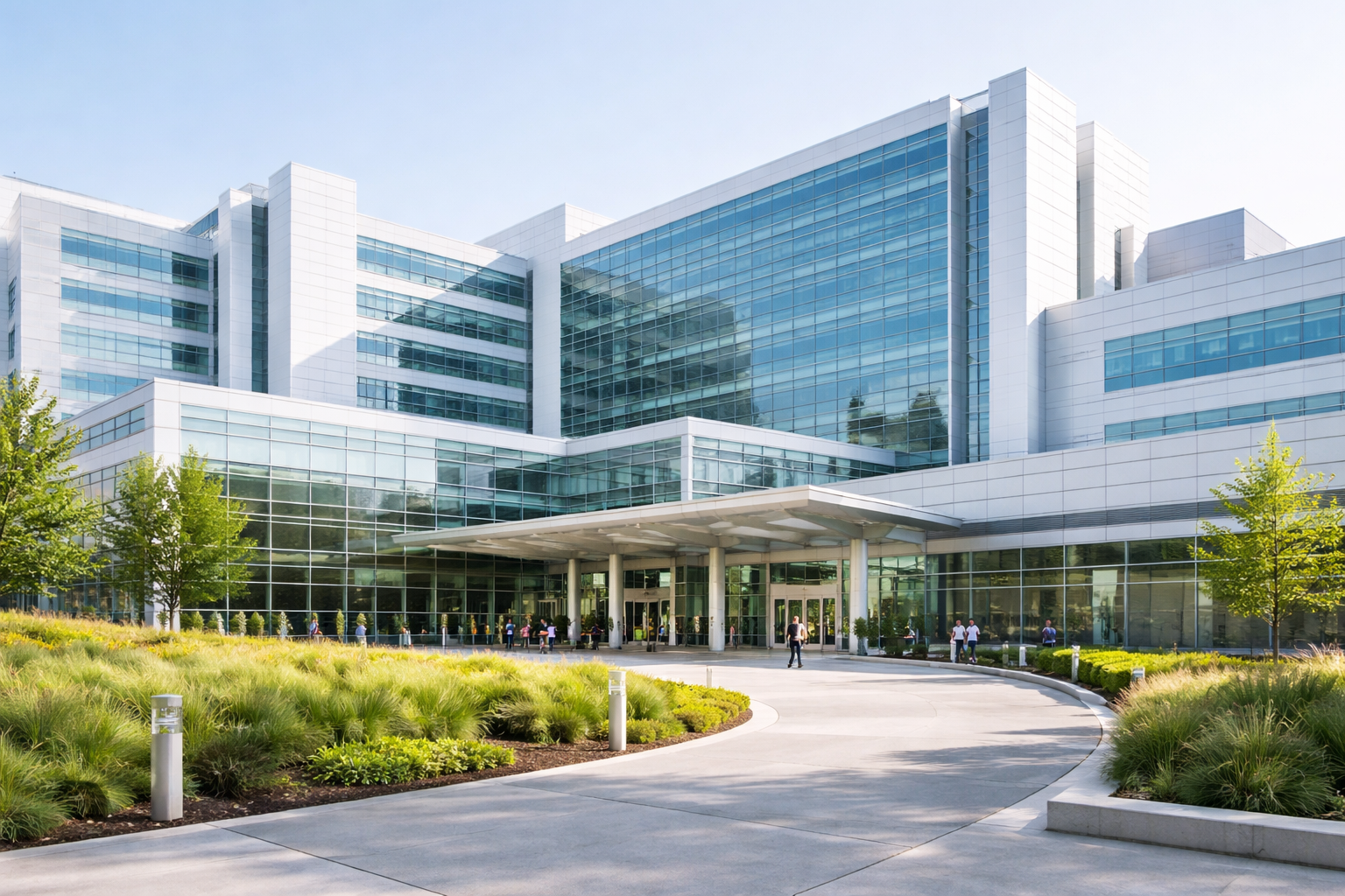 Modern glass office building with landscaped front yard and people walking outside.