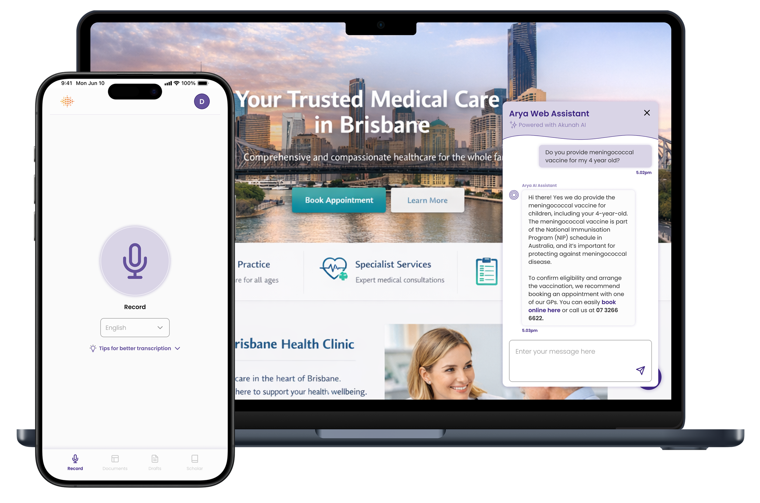 A digital screenshot of a medical website for a health clinic in Brisbane, featuring a skyline background with tall buildings under a sky with clouds. The website displays options to book an appointment or learn more about services. A partially visible smartphone screen shows a voice recording app with a purple microphone icon and tabs for documents, drafts, and scholar.