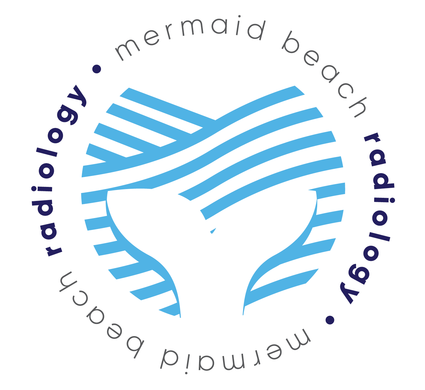 A logo featuring a stylized whale with blue waves on its back, encircled by the text ‘radiology . mermaid beach radiology .