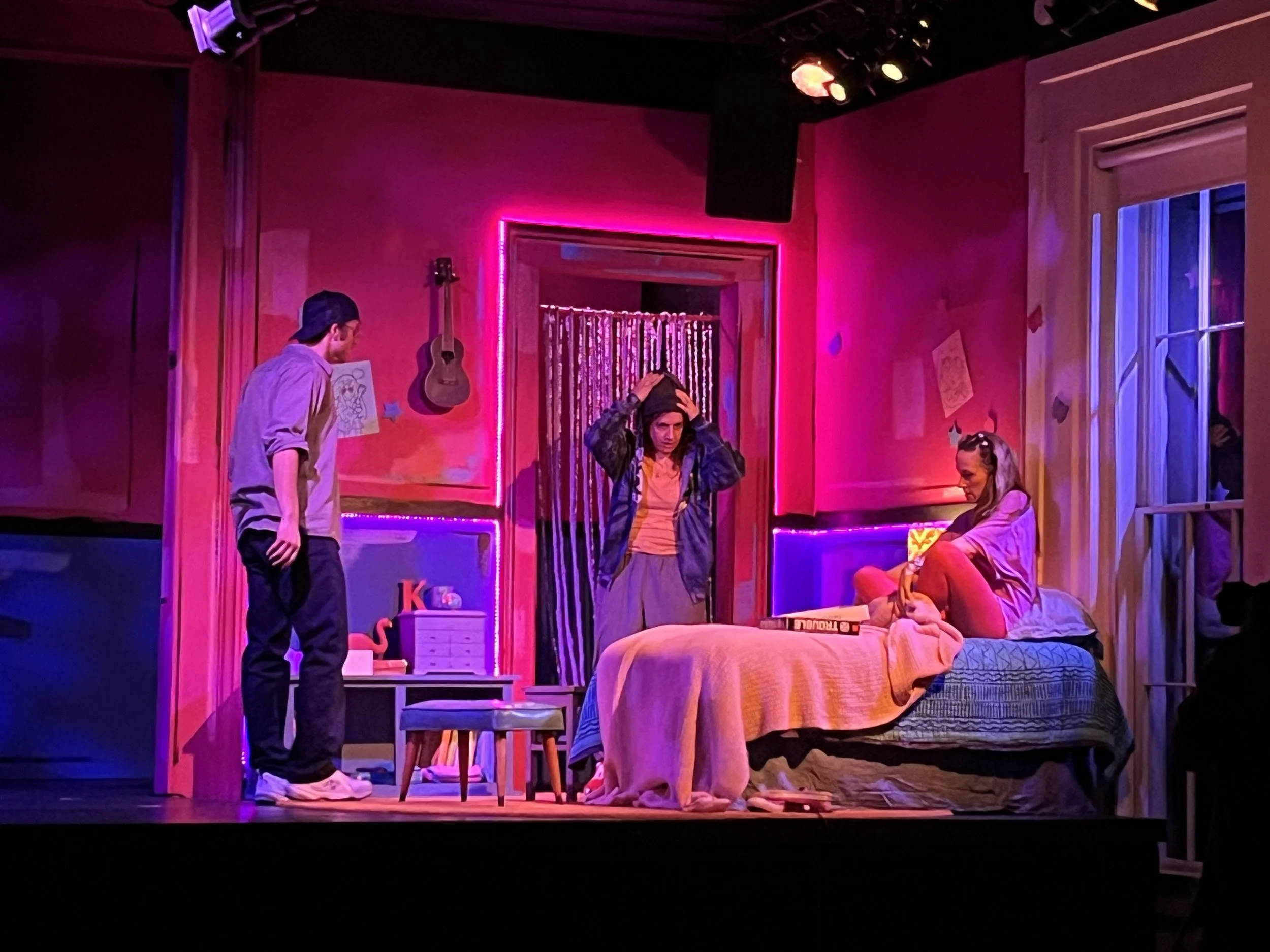 Bedroom set- I utilized the  real window of the theatre and built a special light box outside on the porch to control light through the window