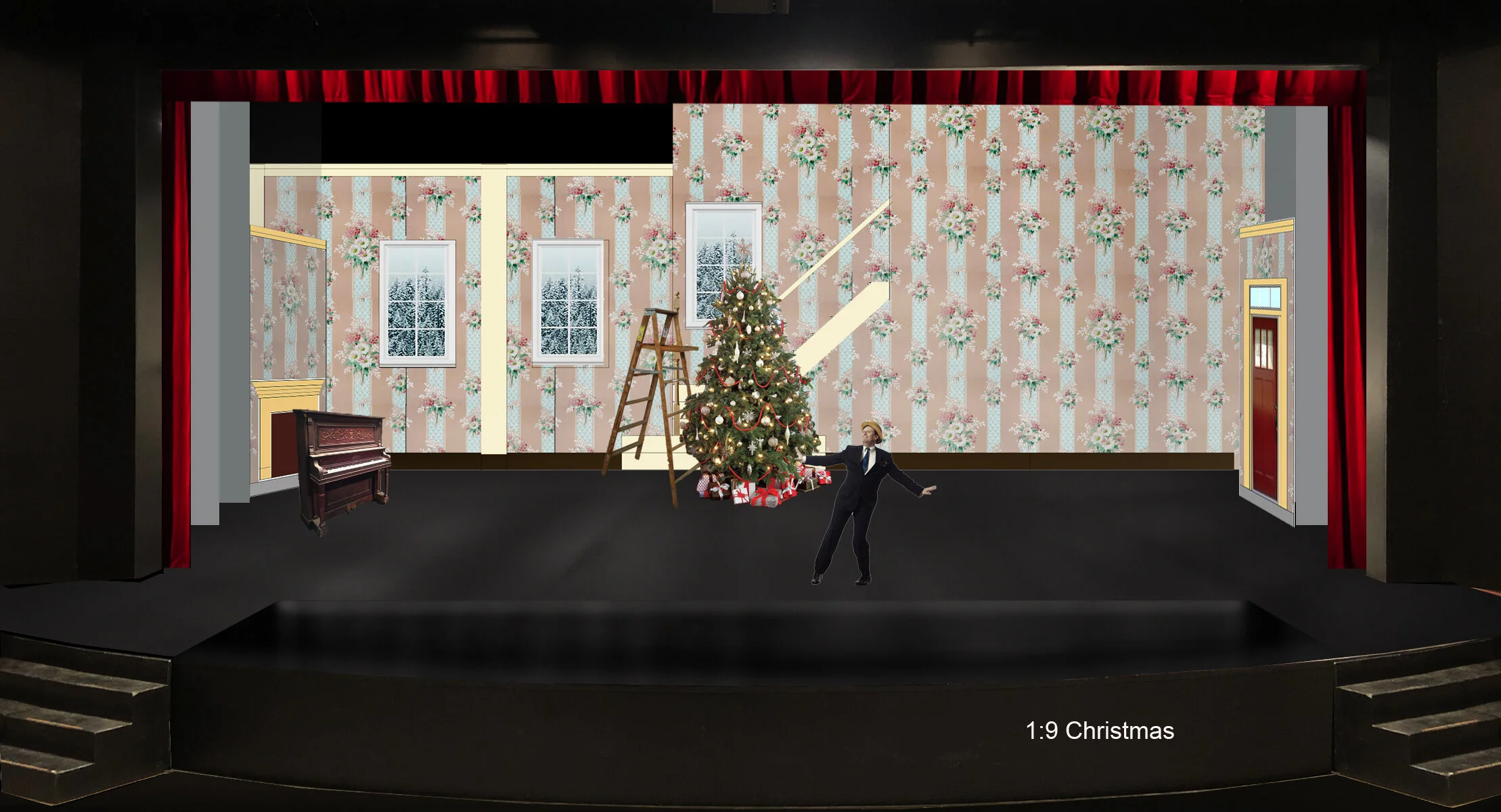 Sc. 1_9 Decorating for Christmas.
The cast prepares for the Christmas spectacular.
Following this is a large Christmas Tap number, fully decorated. This tree was half decorated and half bare for a quick transition.