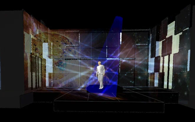 Concept art: projections would give us clues to location, while light played with the space shining through the walls