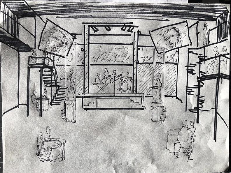 Concept sketch for the club atmosphere.  This shows the two upper screens used for live video of club goers.