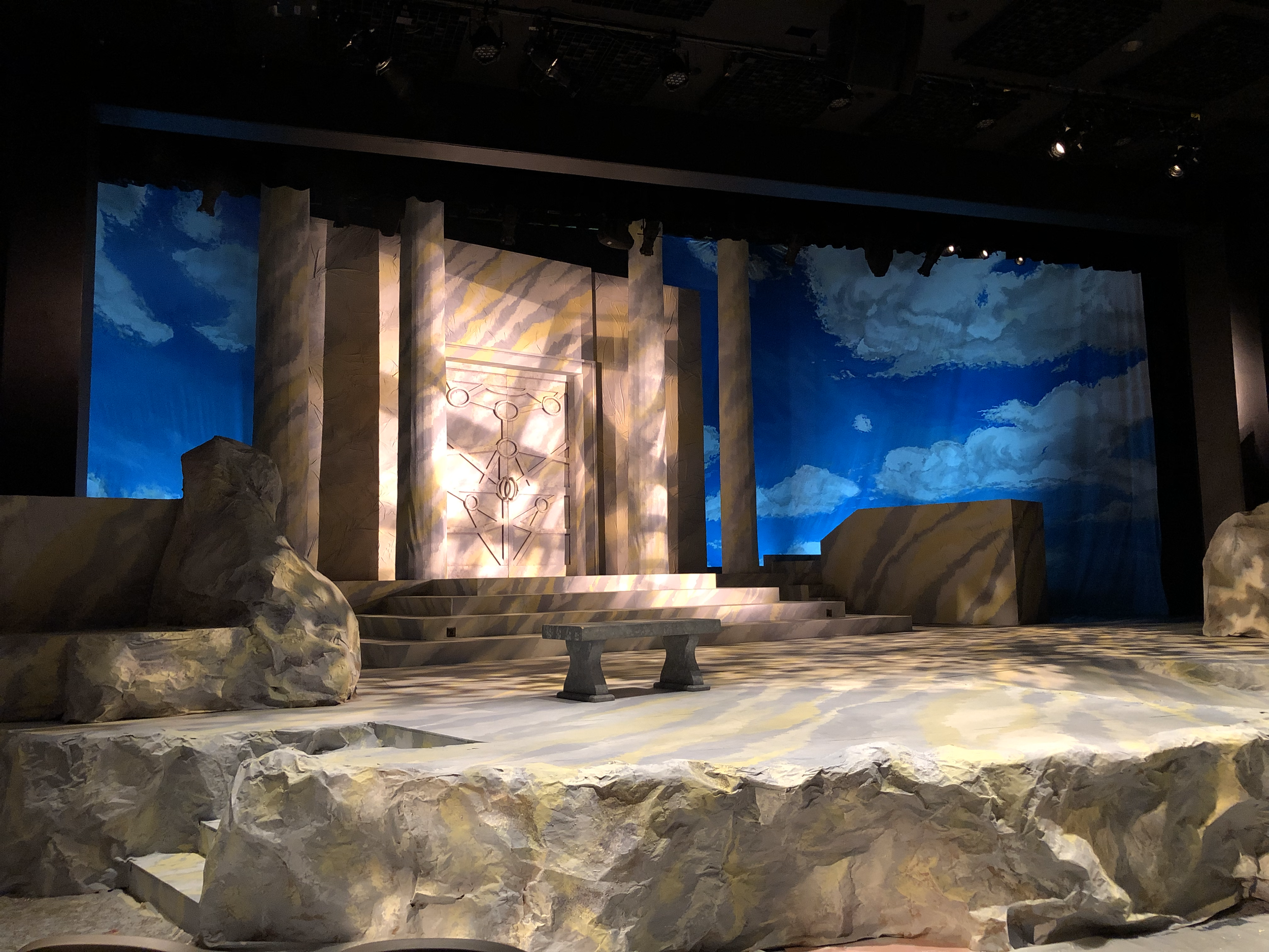 This photo captured the grand doors of the architecture amongst an open sky.
This also shows the paper mache' rocks that were built around the stage.