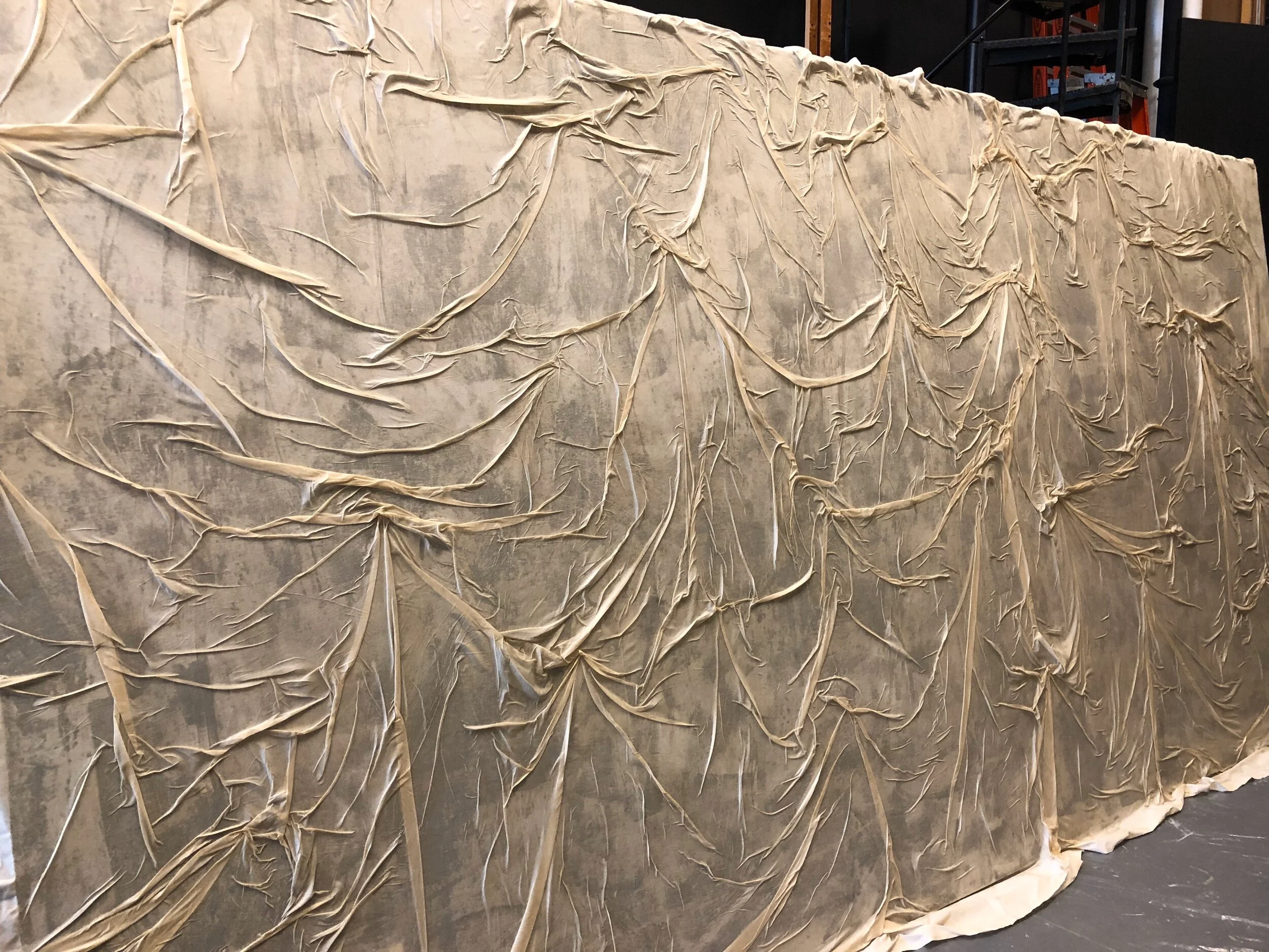 Textured wall.  I wanted to add texture to the walls and surfaces.  I experimented with wet muslin cloth and wrinkled it as I applied it.