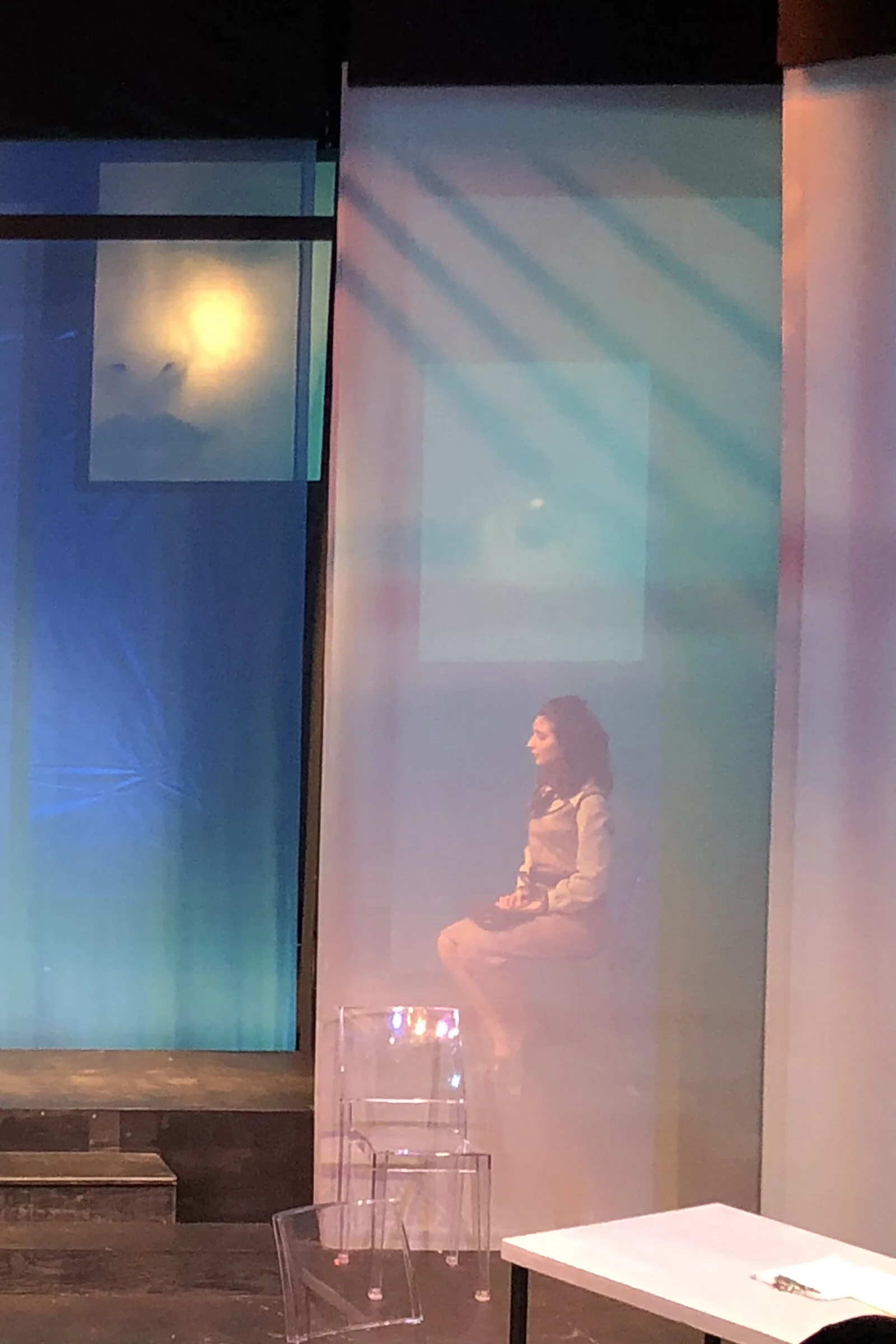 Prod photo- detail showing Marlene's face as a ligthbox and how the actors could bleed through the fabric walls.