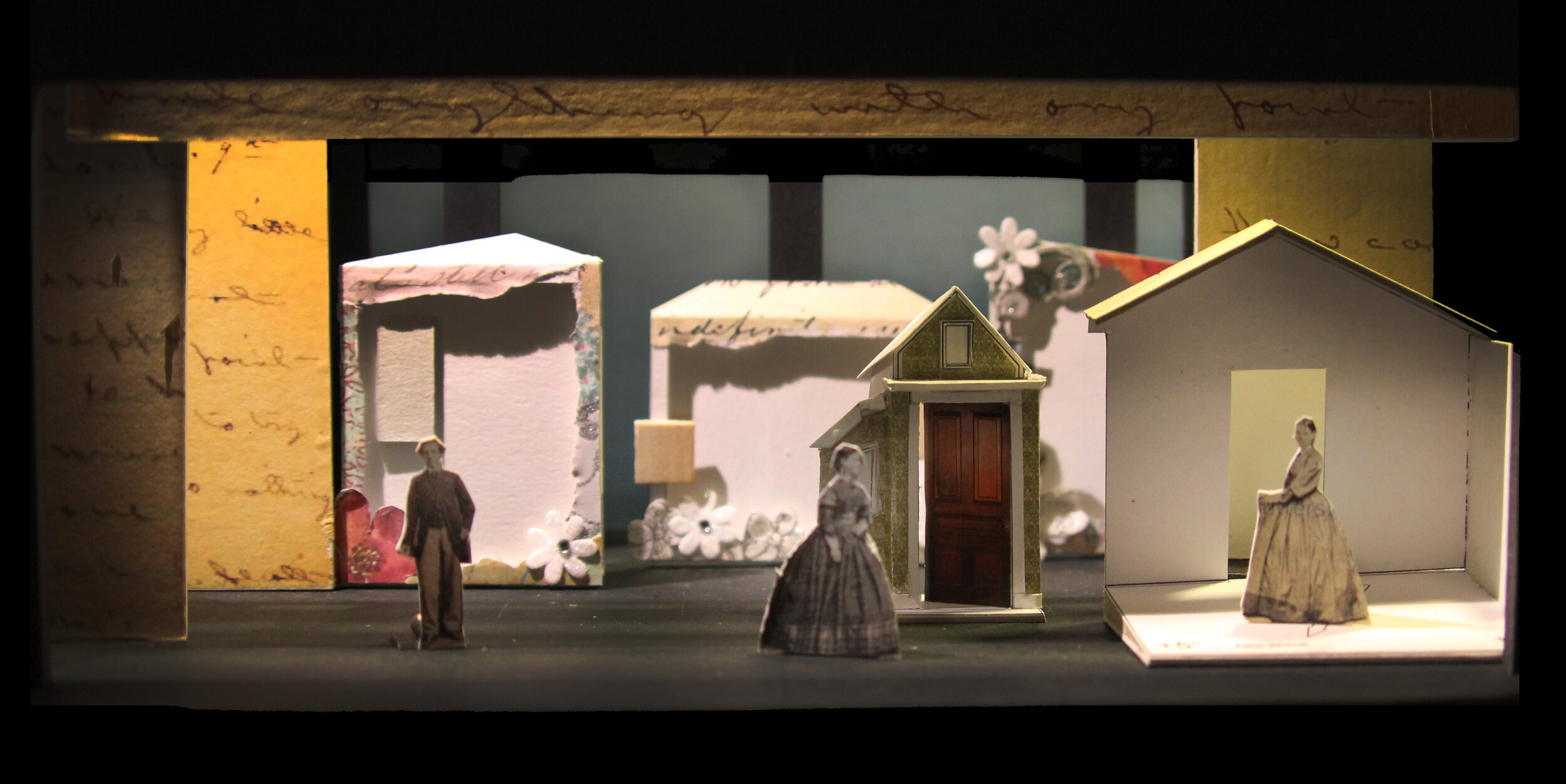 Model: The design became framed with Louisa May Alcott's writing.  Within that are 3 sliding frames, collaged on the outsides and projections within give us clues about location