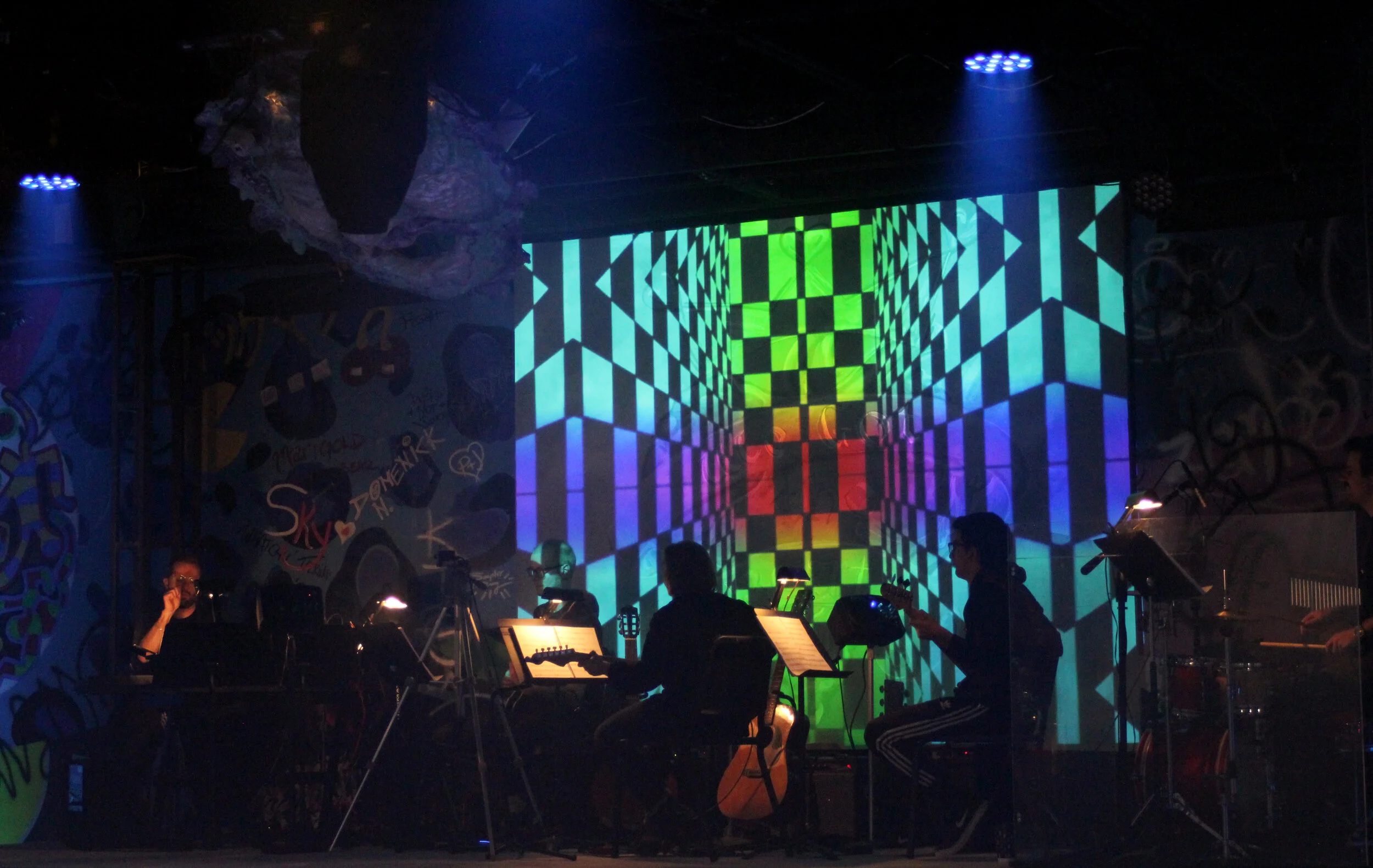 Video screen behind the orchestra.  The orchestra played on the upper level as the "club band" during the show
photo by Carlita Withers